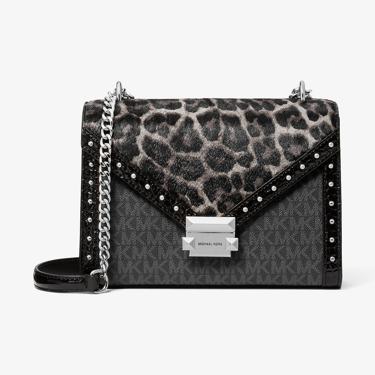 Michael Kors Whitney Medium Signature Logo and Leopard Print Calf Hair Shoulder Bag Black