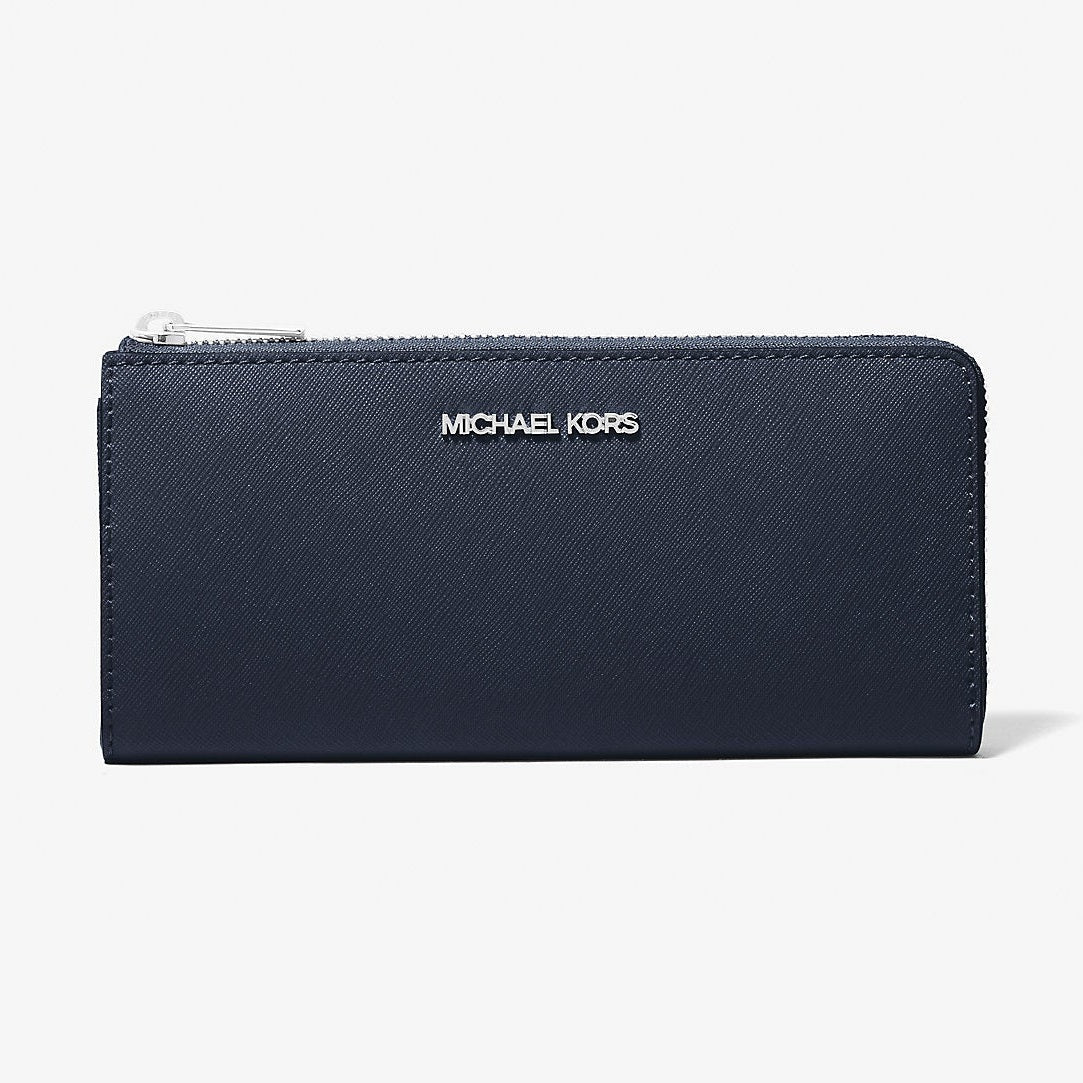 Michael Kors Jet Set Travel Large Saffiano Leather Quarter-Zip Wallet Navy