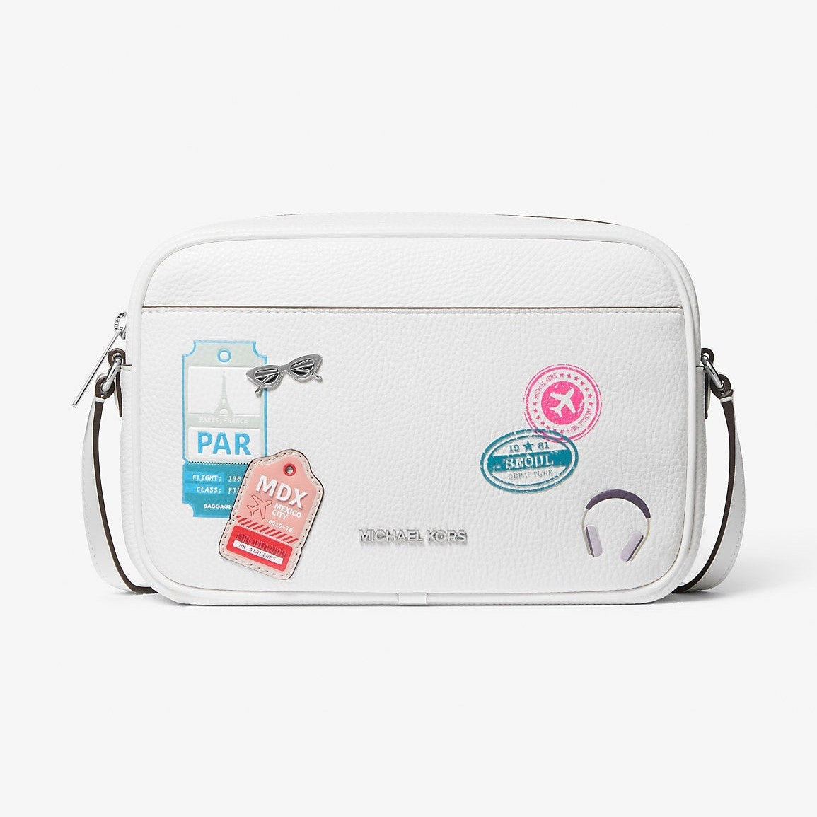 Michael Kors Jet Set Large Embellished Camera Crossbody Bag Optic White