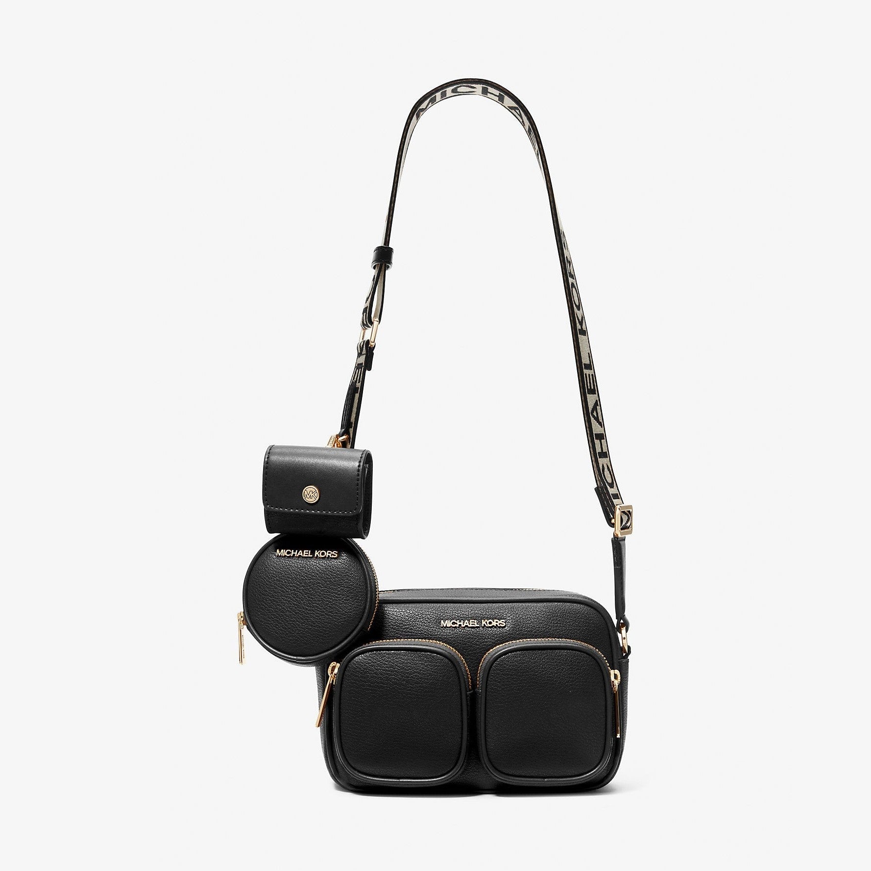 Michael Kors Jet Set Medium Leather Crossbody Bag with Case for Apple Airpods Pro® Black