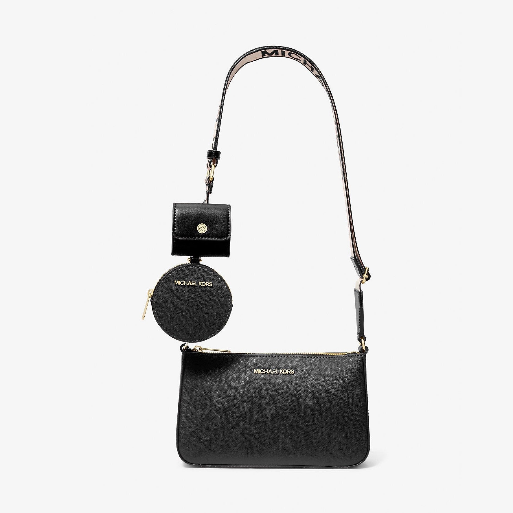 Michael Kors Jet Set Saffiano Leather Crossbody Bag with Case for Apple Airpods Pro Black