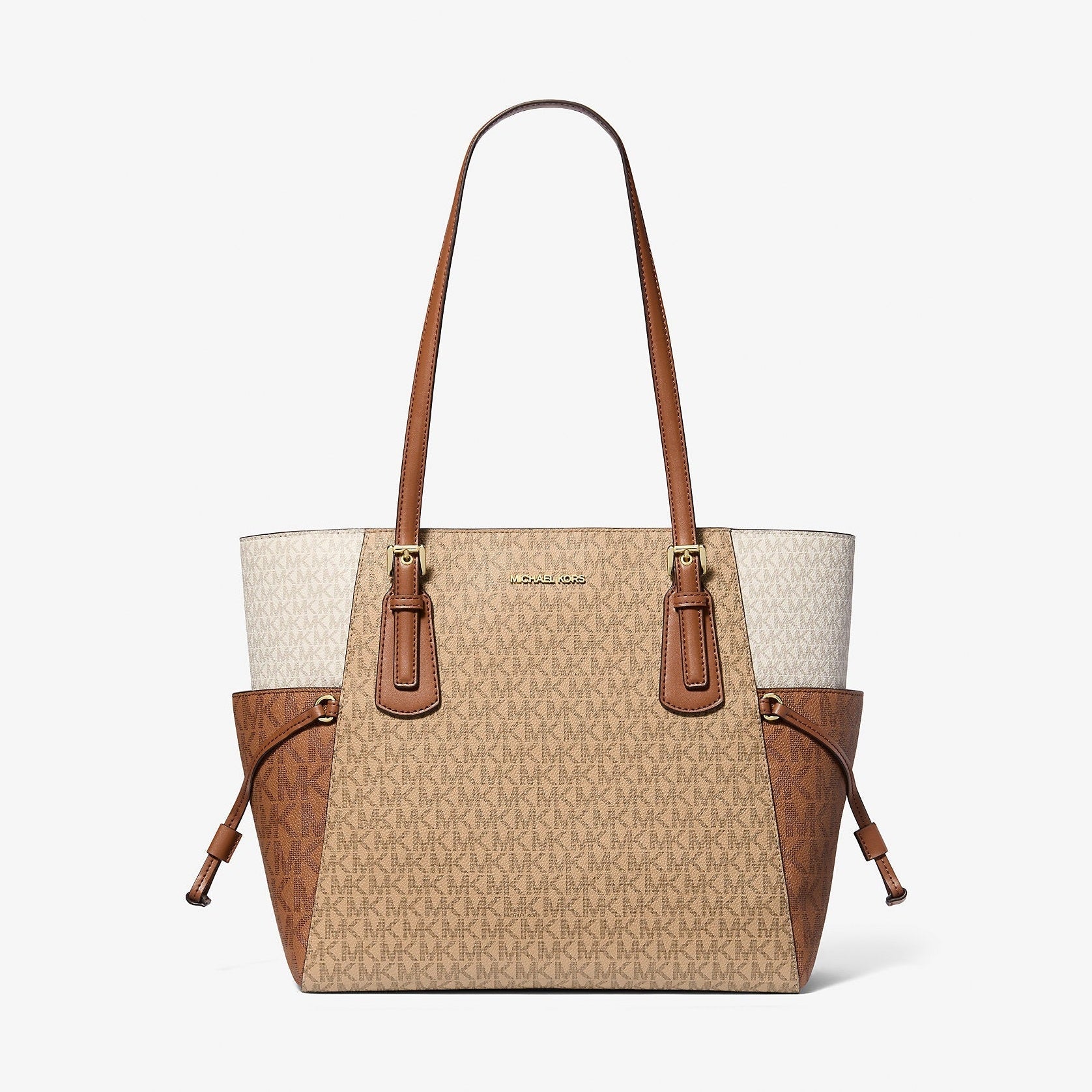 Michael Kors Voyager Large Color-Block Signature Logo Tote Bag Camel Mlt