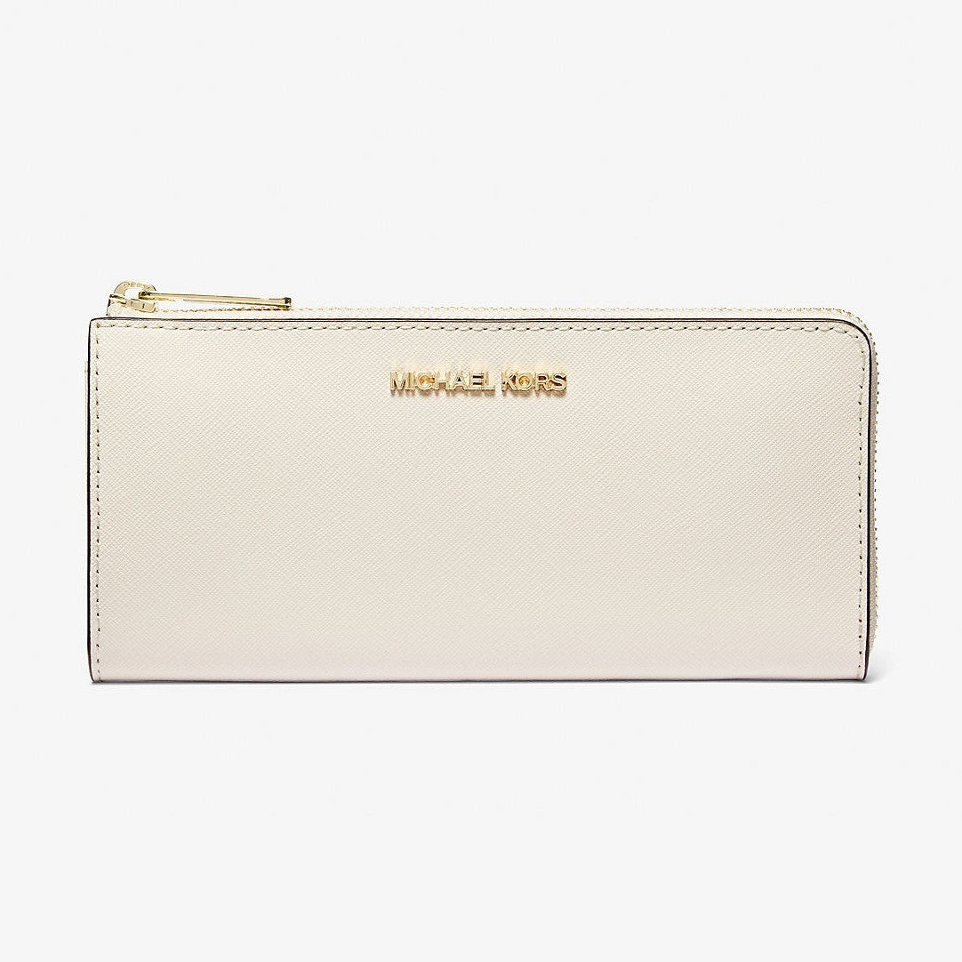 Michael Kors Jet Set Travel Large Saffiano Leather Quarter-Zip Wallet Lt Cream