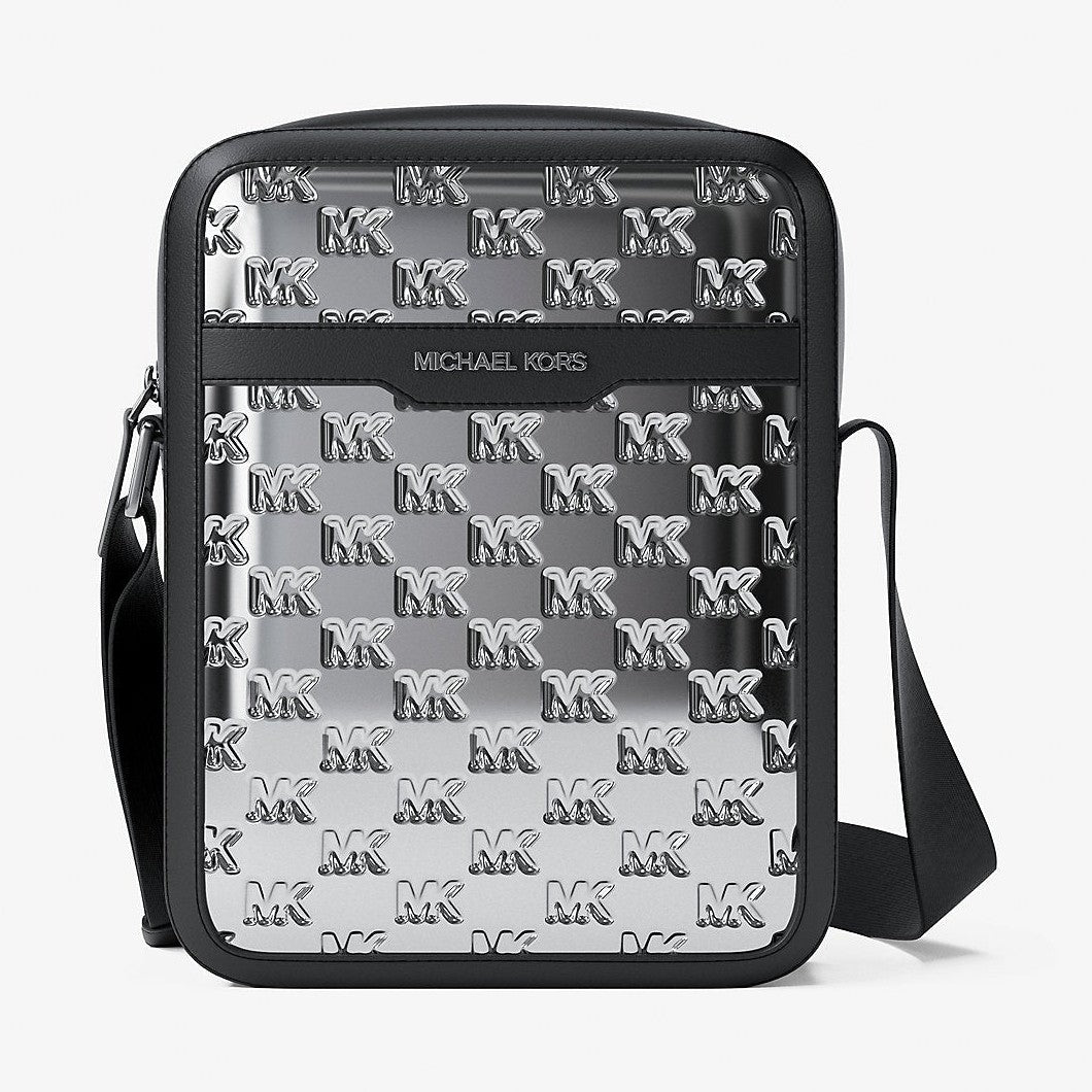 Michael Kors Cooper Metallic Logo Debossed Flight Bag Silver