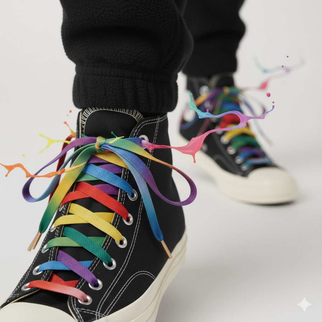 Black high-top sneakers with colorful Gradient laces on a light gray background