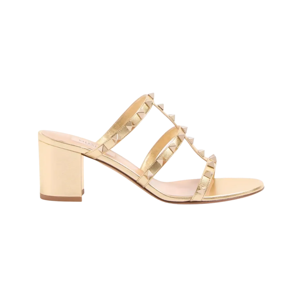 Valentino Rockstud Slide Sandal In Laminated Nappa Leather 60mm Antique Brass