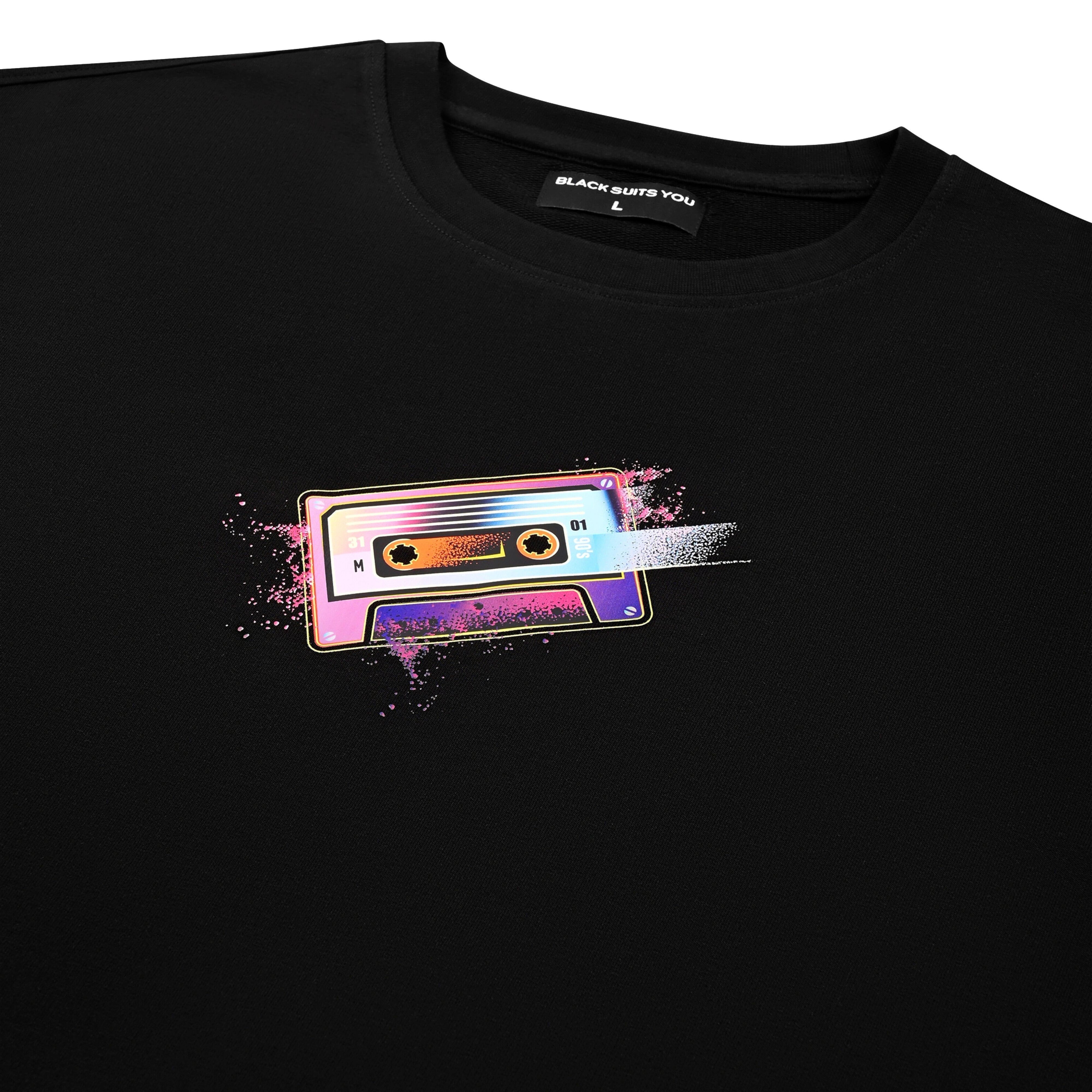 Black streetwear t-shirt with colorful retro cassette graphic and paint splatter design