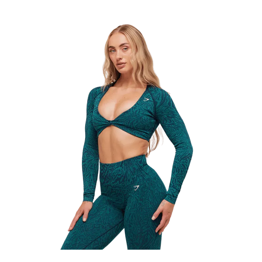 Gymshark Adapt Animal Long Sleeve Crop Top Navy/Brand Blue