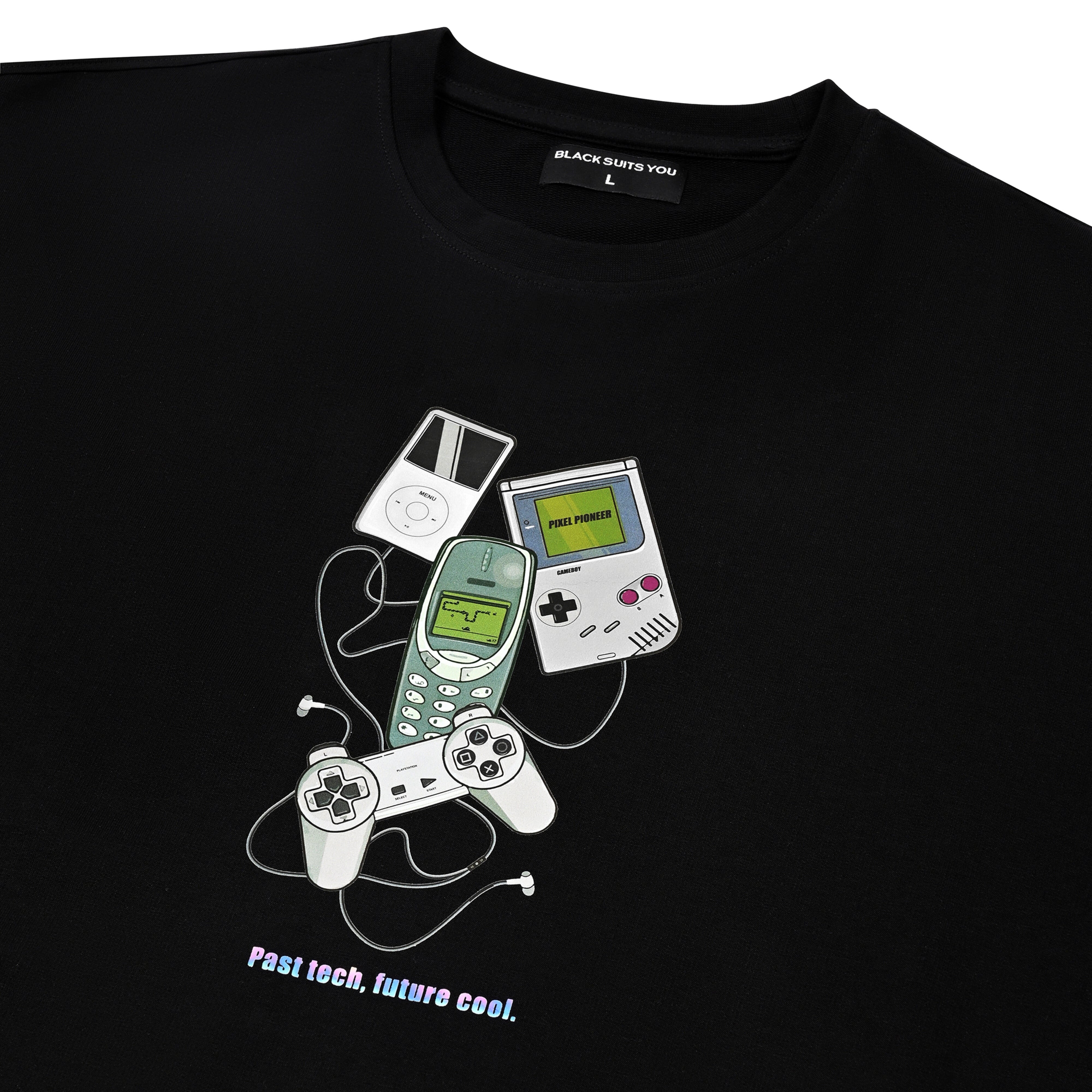 Black streetwear t-shirt with retro tech graphics, including a game console, phone, and music player.