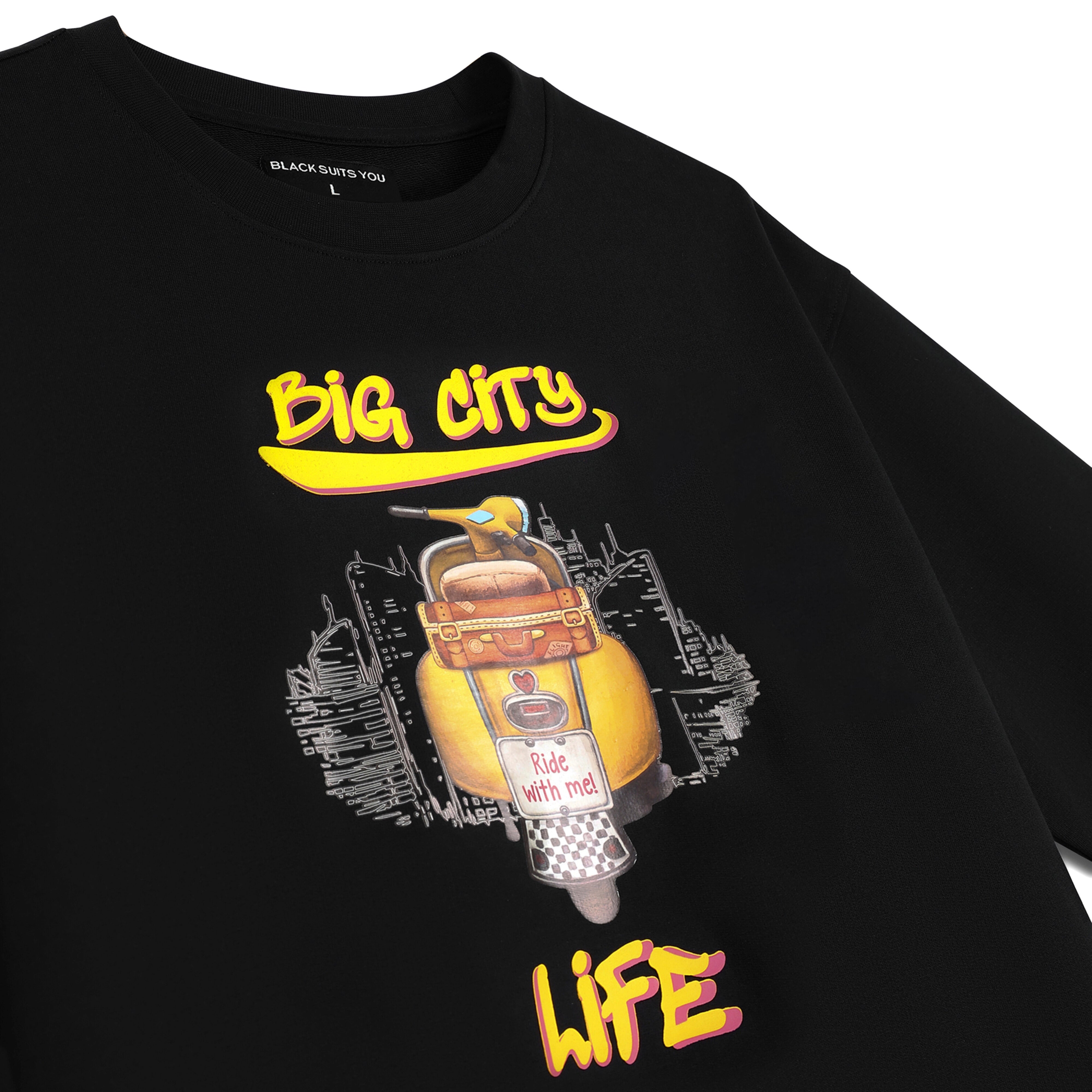 Black streetwear tee with yellow scooter and 'Big City Life' urban graphic print