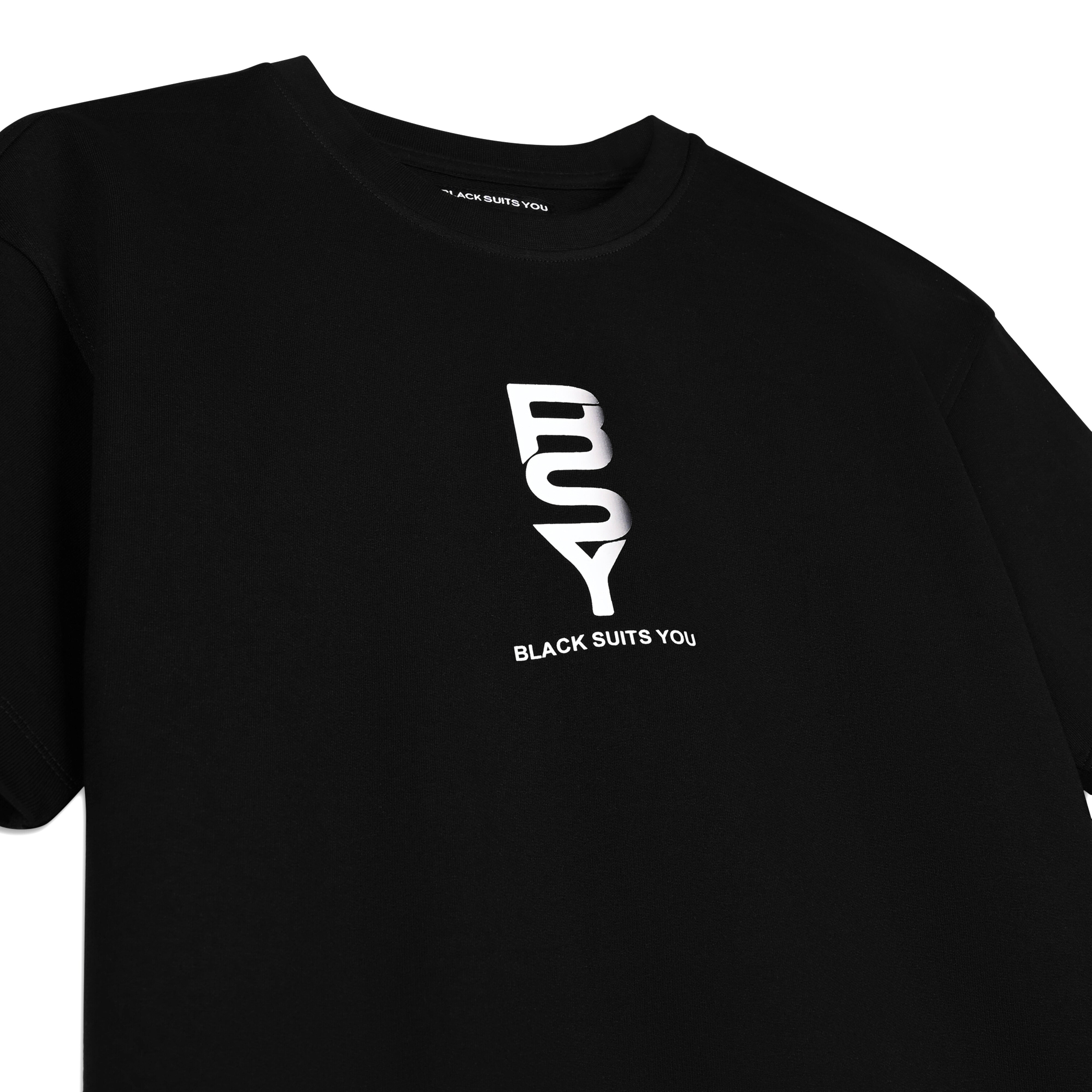 Black streetwear t-shirt with bold BSY logo and 'Black Suits You' text on the chest