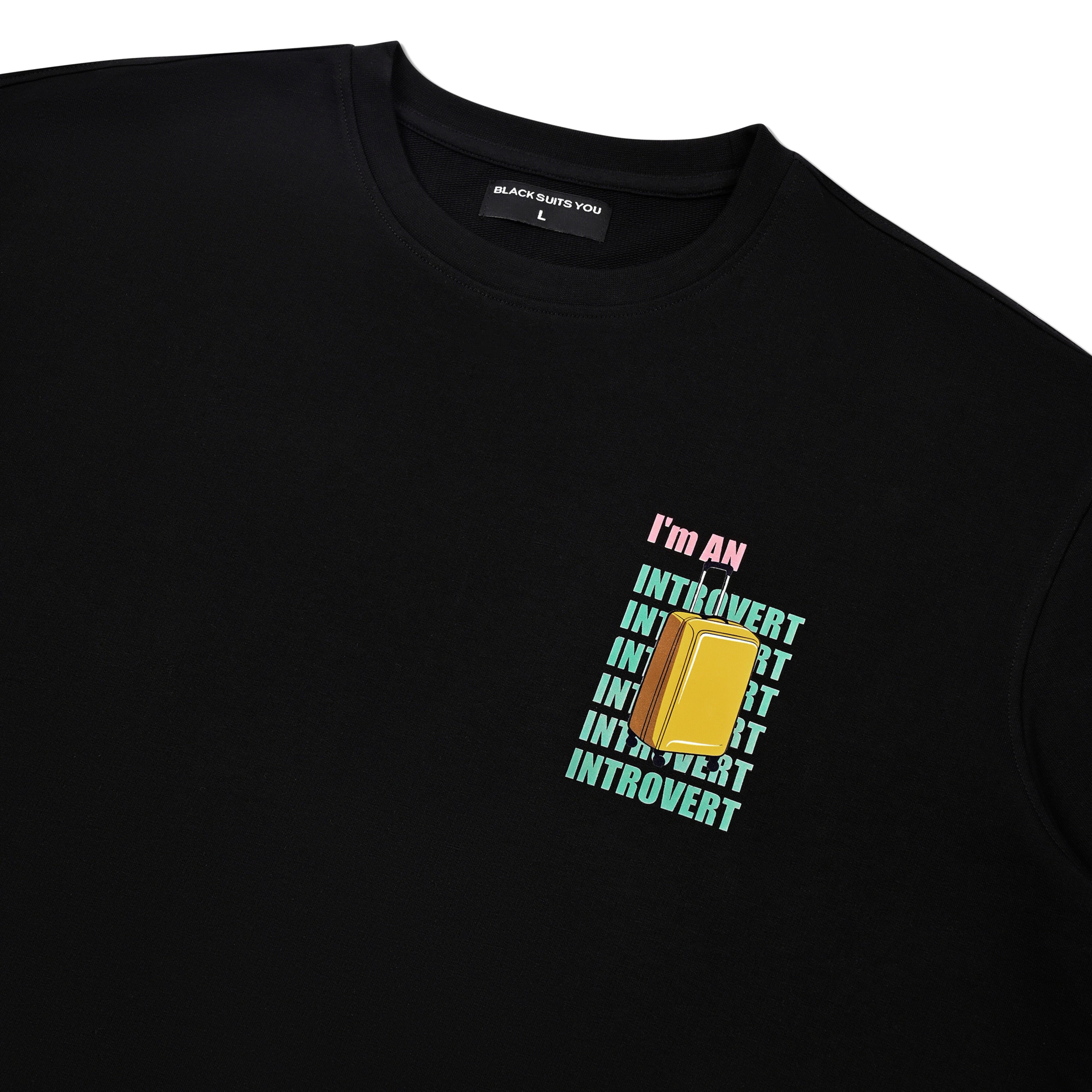 Black streetwear t-shirt with colorful introvert text and yellow door graphic on chest
