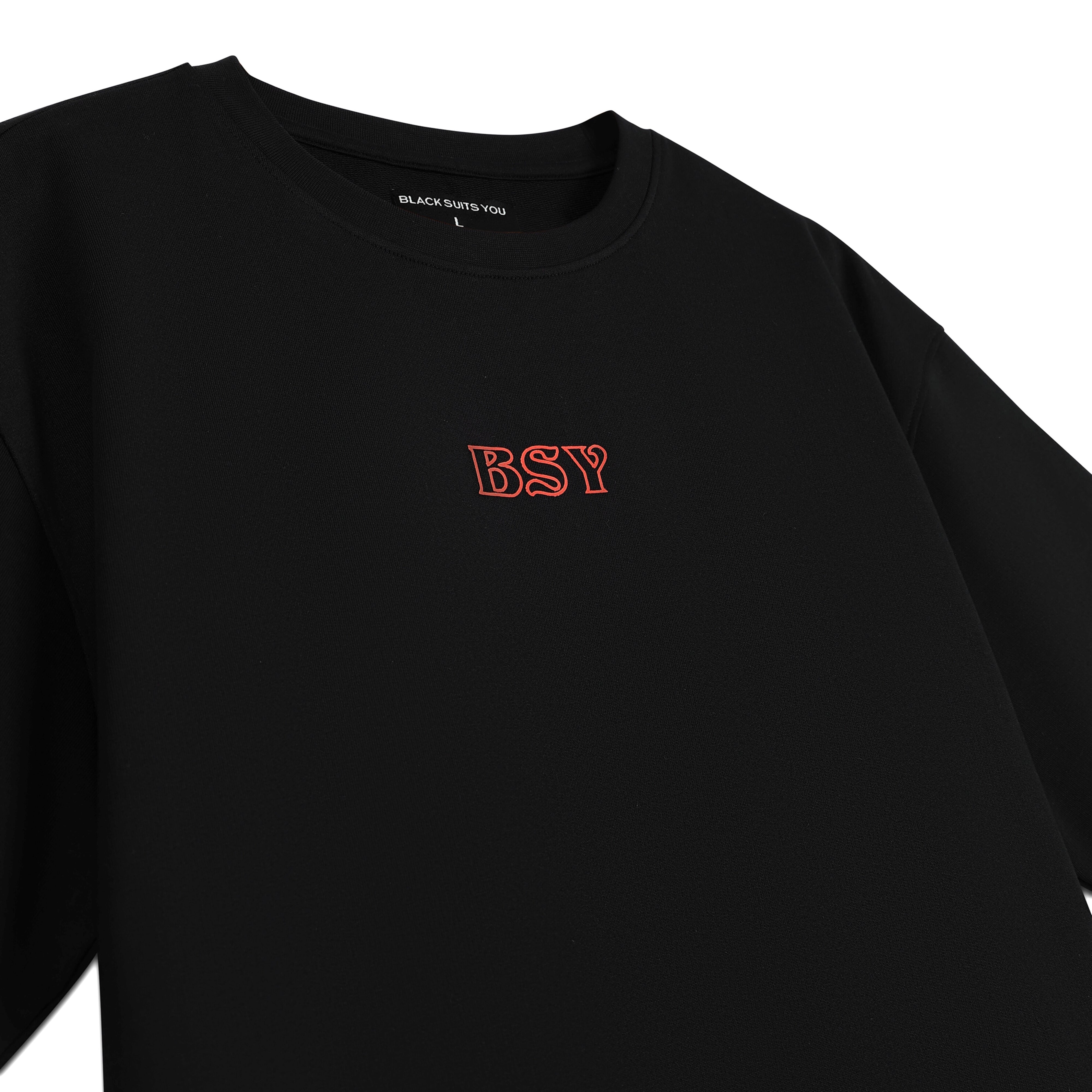 Black streetwear t-shirt with red BSY logo embroidery, luxury casual fashion