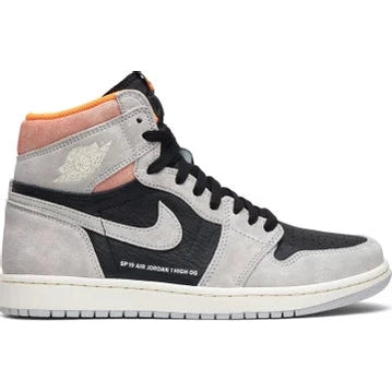 Grey, black, and orange high-top sneaker with white sole and visible side branding