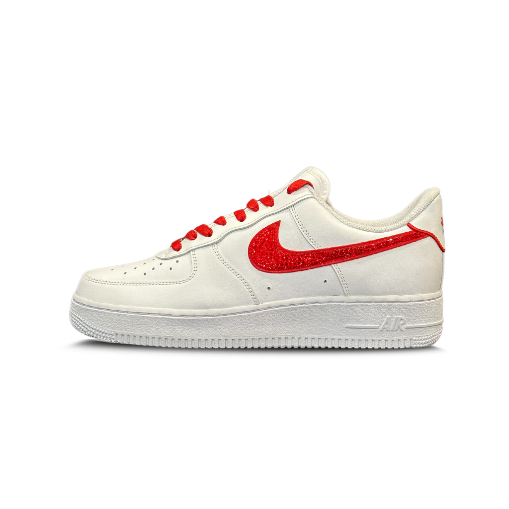 White low-top sneaker with red glitter swoosh and accents, streetwear, lifestyle footwear