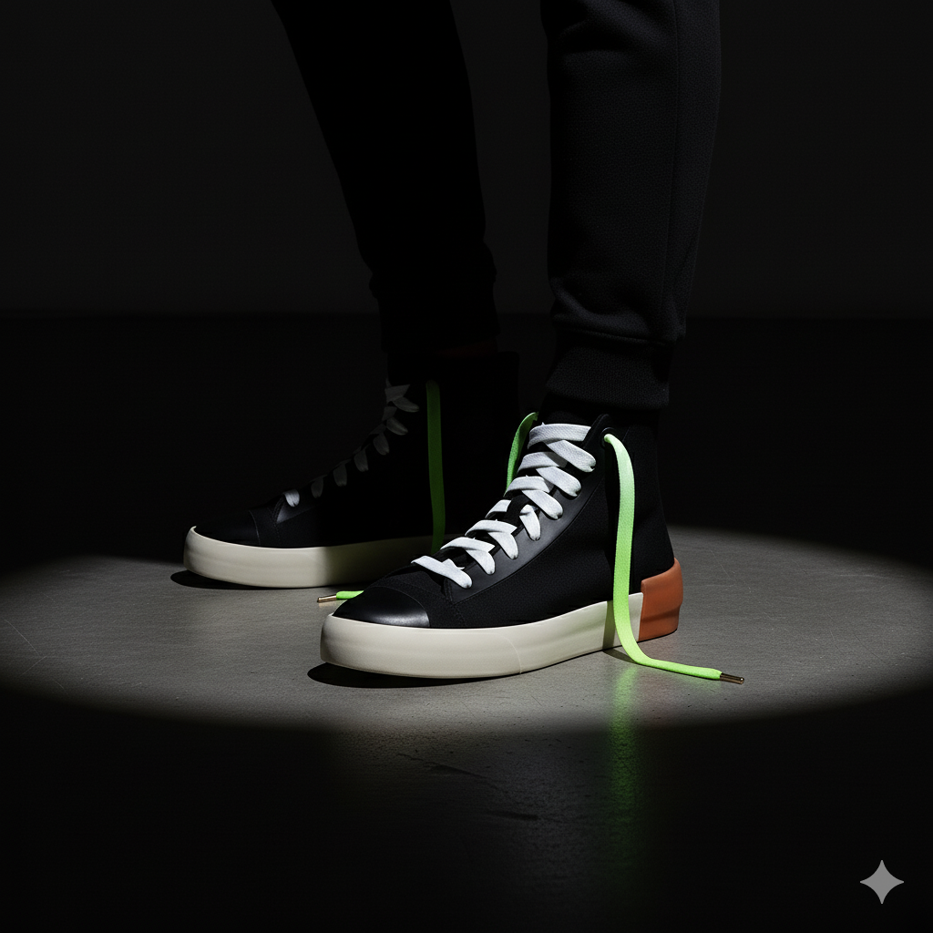 Black high top shoes and the shoelaces worn are Neon green and white gradient shoelaces on a shadow background