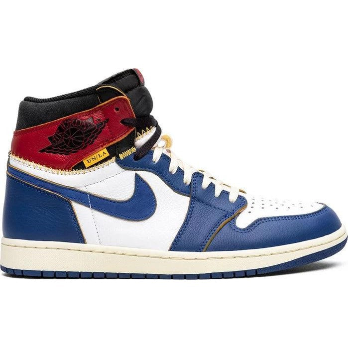 High-top sneaker with blue, white, and red leather panels, white laces, and black collar