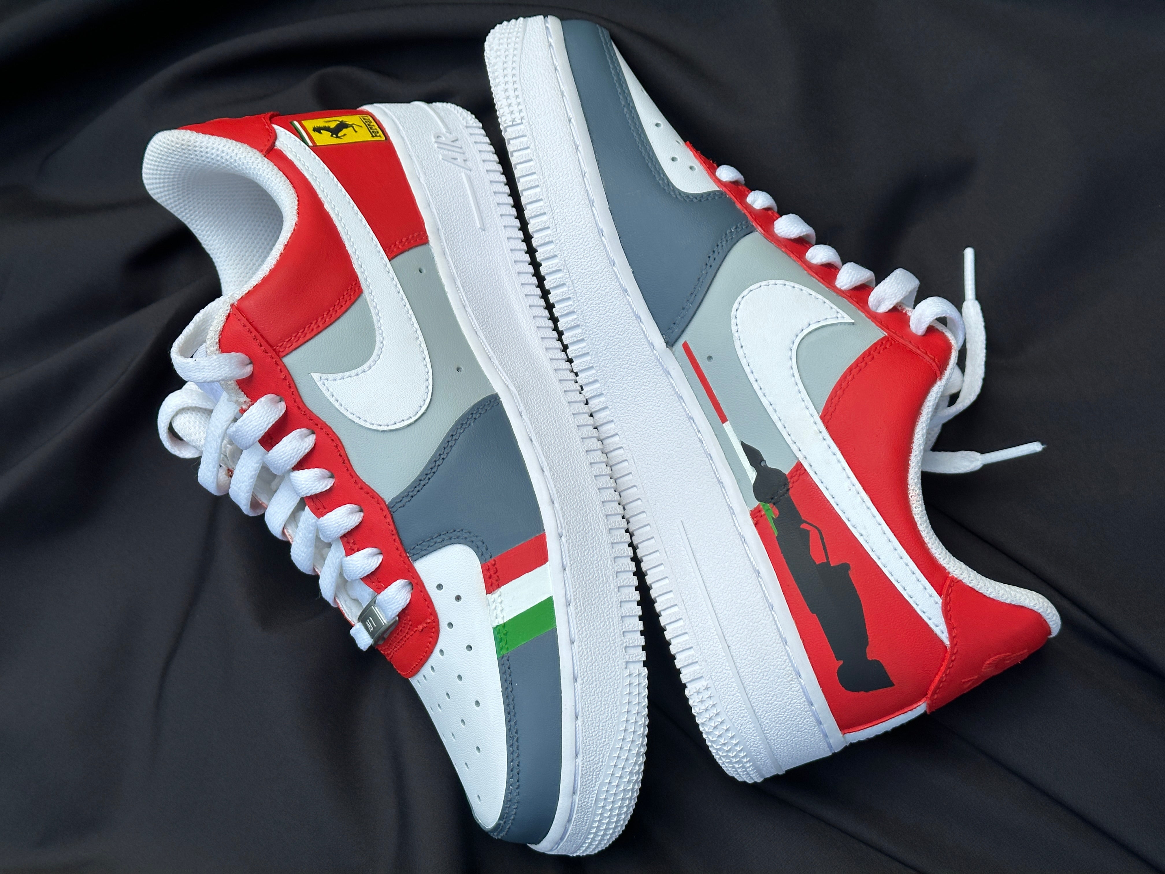 Custom red, grey, and white sneakers with Italy flag accents and sports car logo, streetwear style