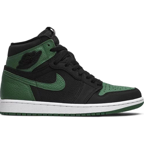 Black and green high top sneaker with white sole, classic streetwear style, side view
