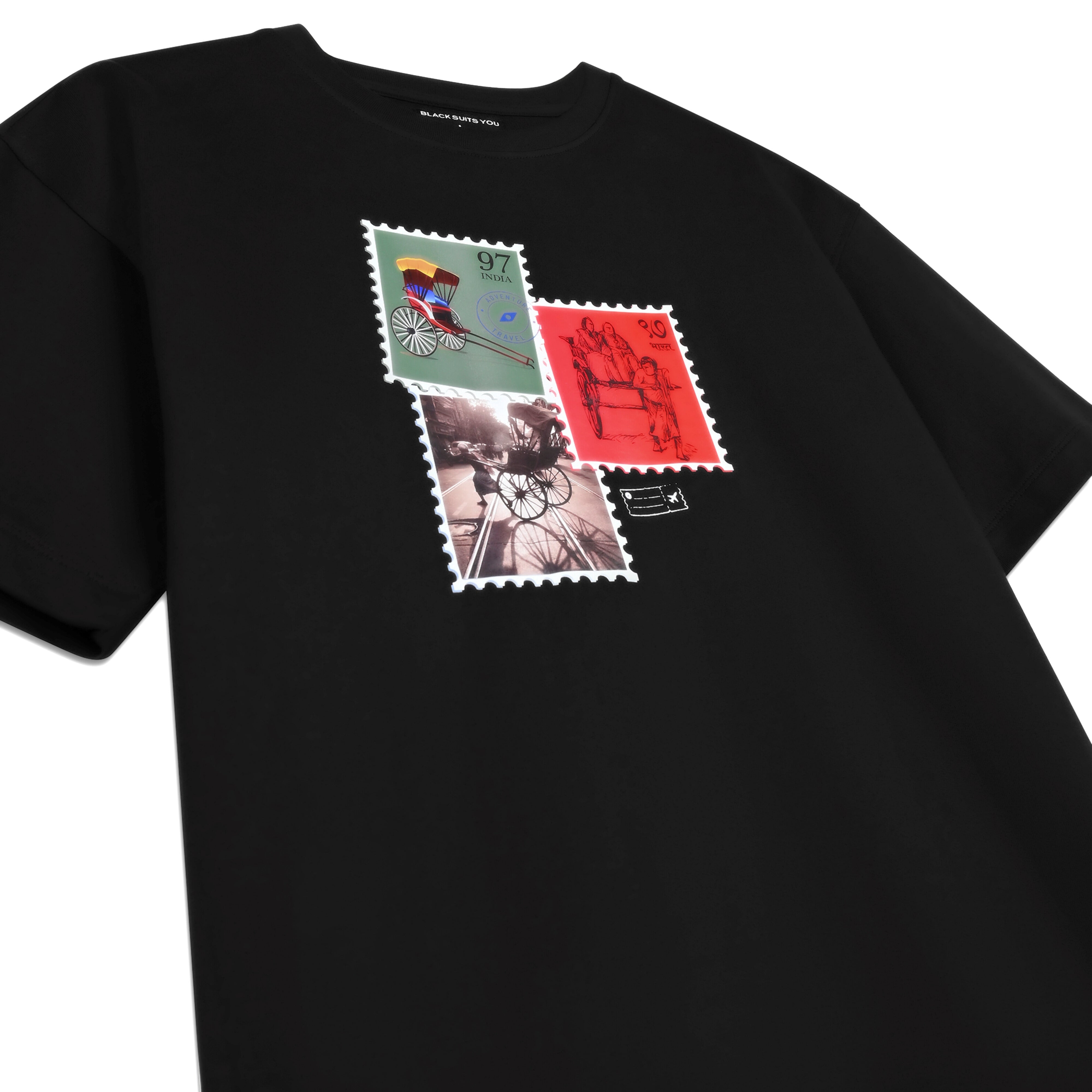 Black streetwear t-shirt featuring colorful postage stamp graphic prints on the front