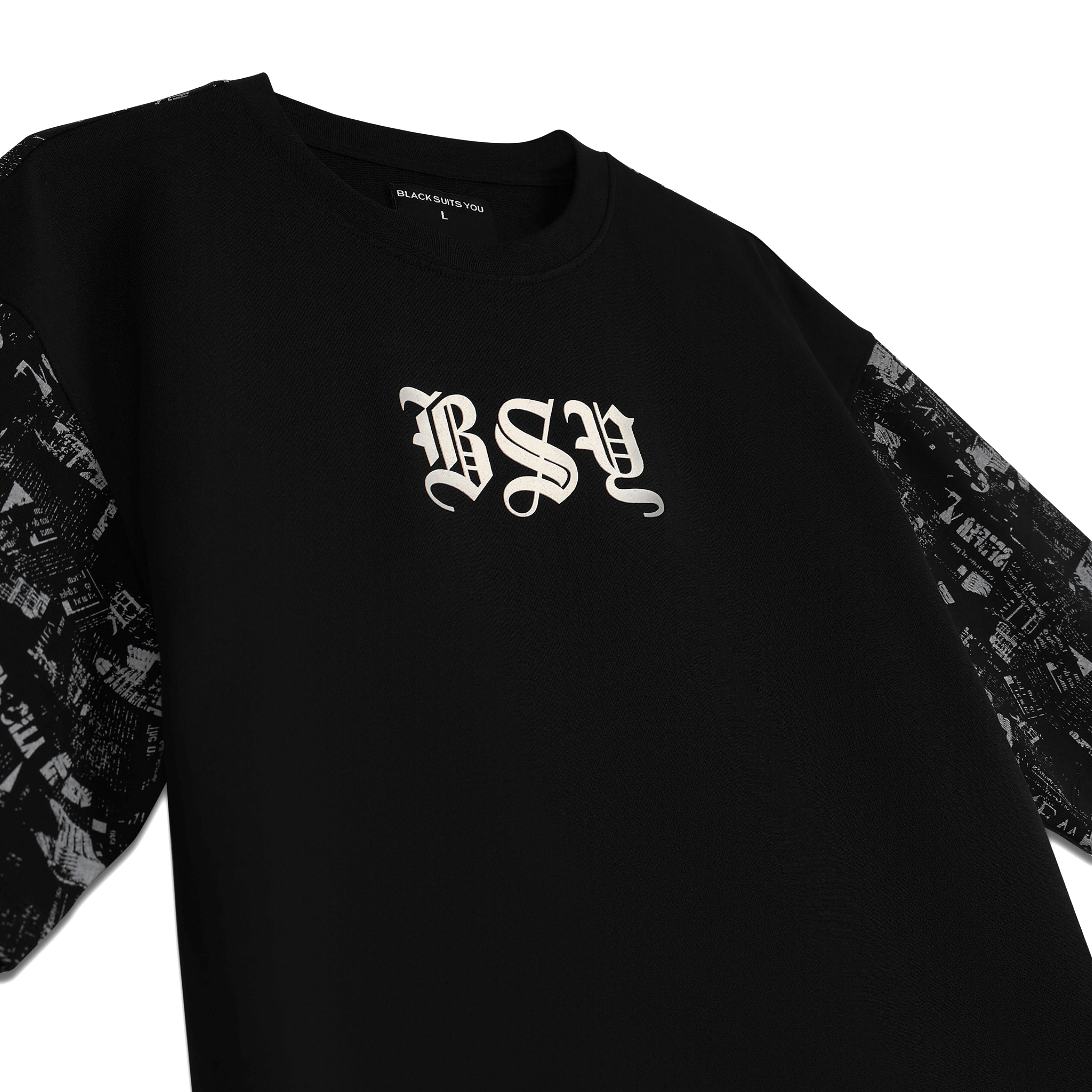 Black streetwear t-shirt with BSY gothic logo and graphic print sleeves