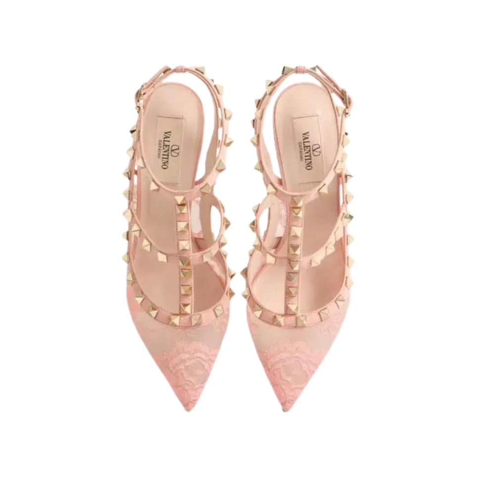 Valentino Rockstud Lace Pump With Straps 100mm Peach Rose