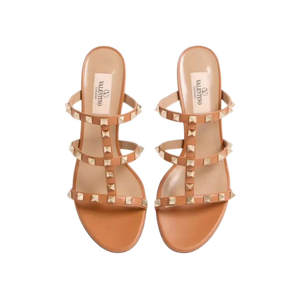 Valentino Rockstud Calfskin Leather Slide Sandal 60mm Almond