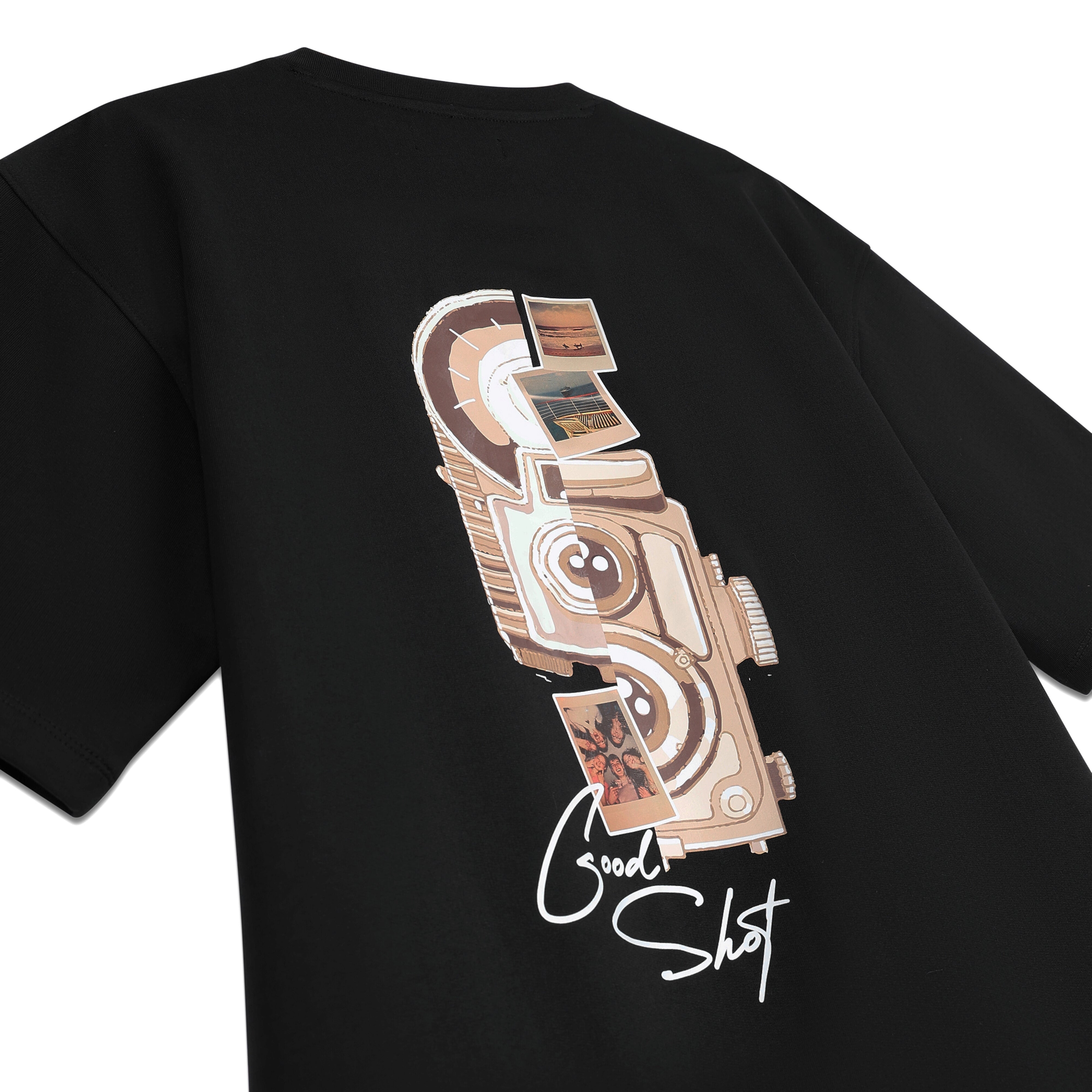 Black streetwear t-shirt with vintage camera and photo print graphic, Good Shot text