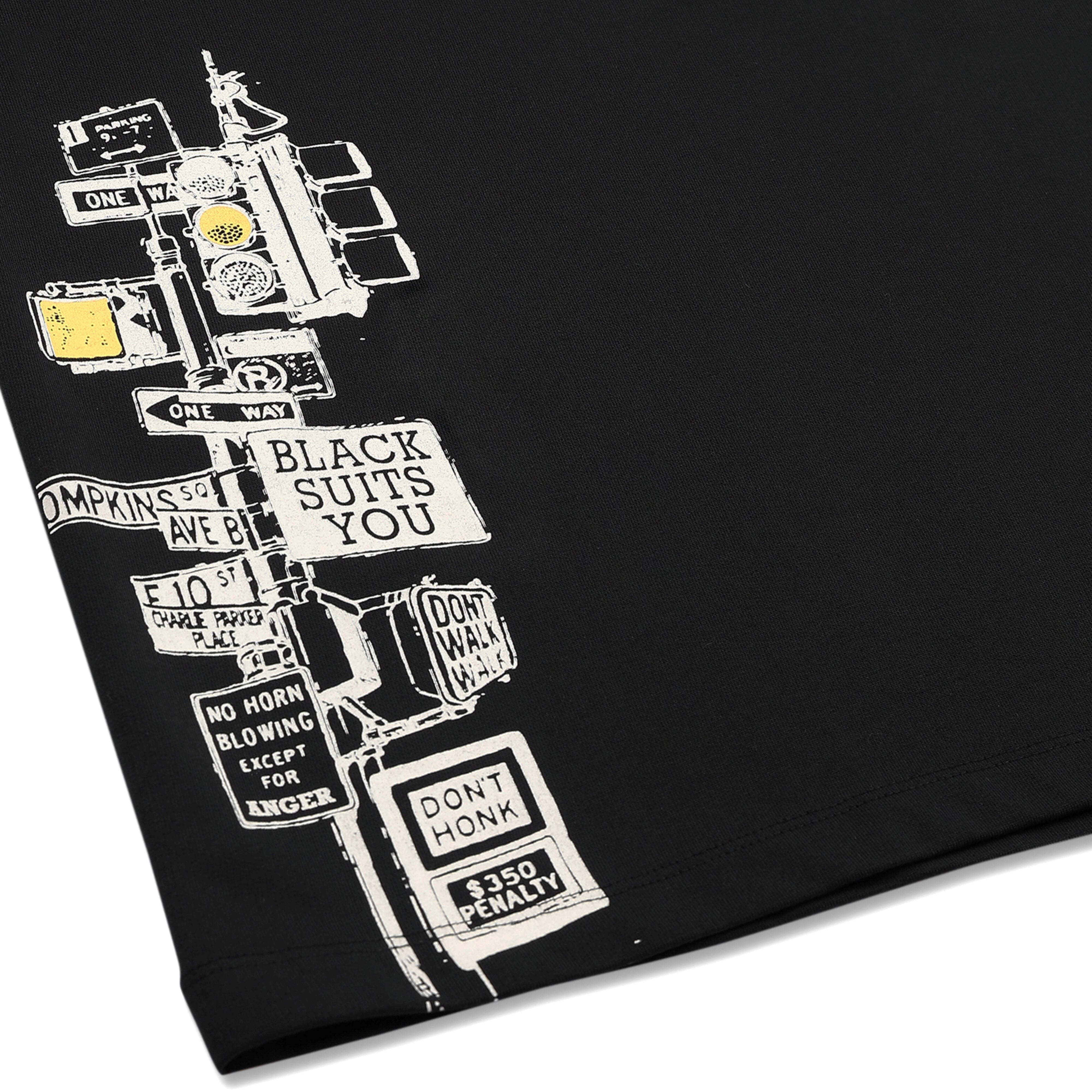 Black streetwear shirt with city street sign and traffic light graphic print detail