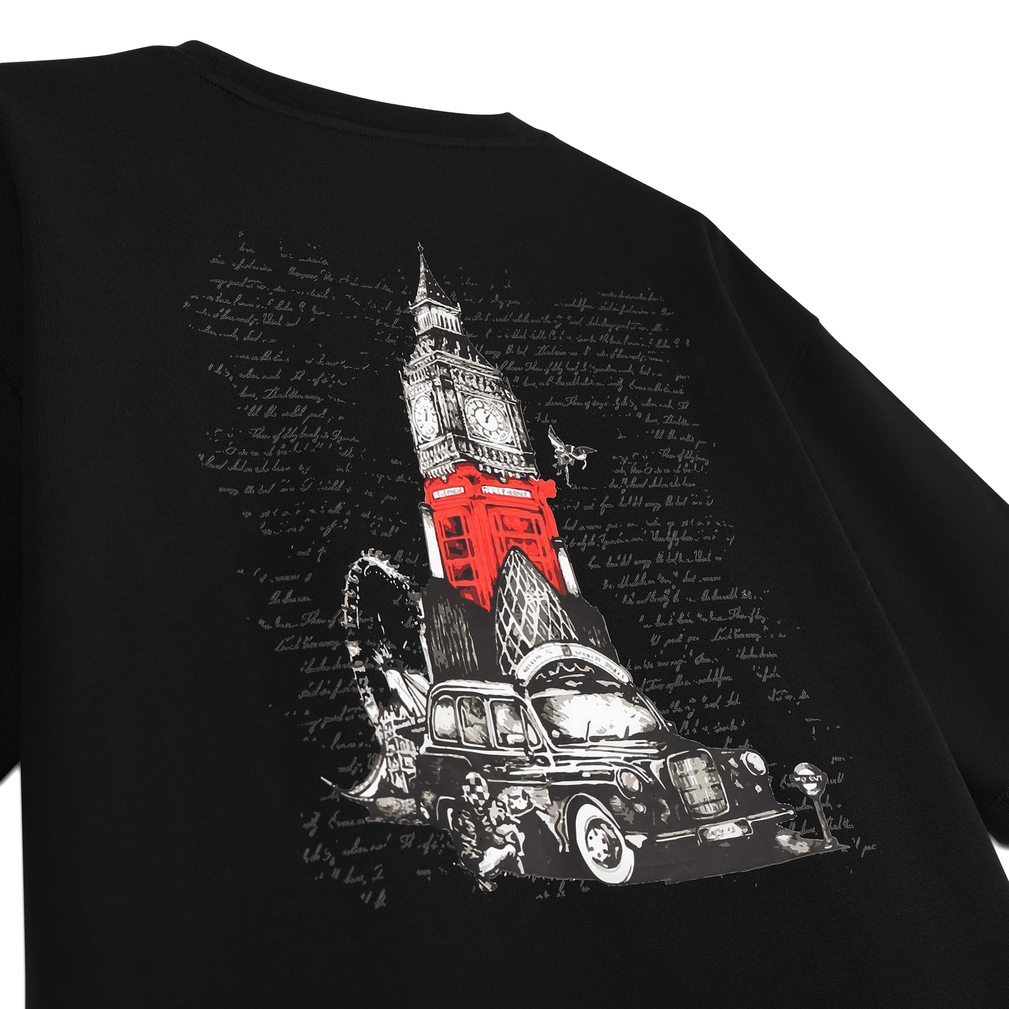 Black streetwear t-shirt with London landmarks graphic, featuring Big Ben, red phone booth, taxi.