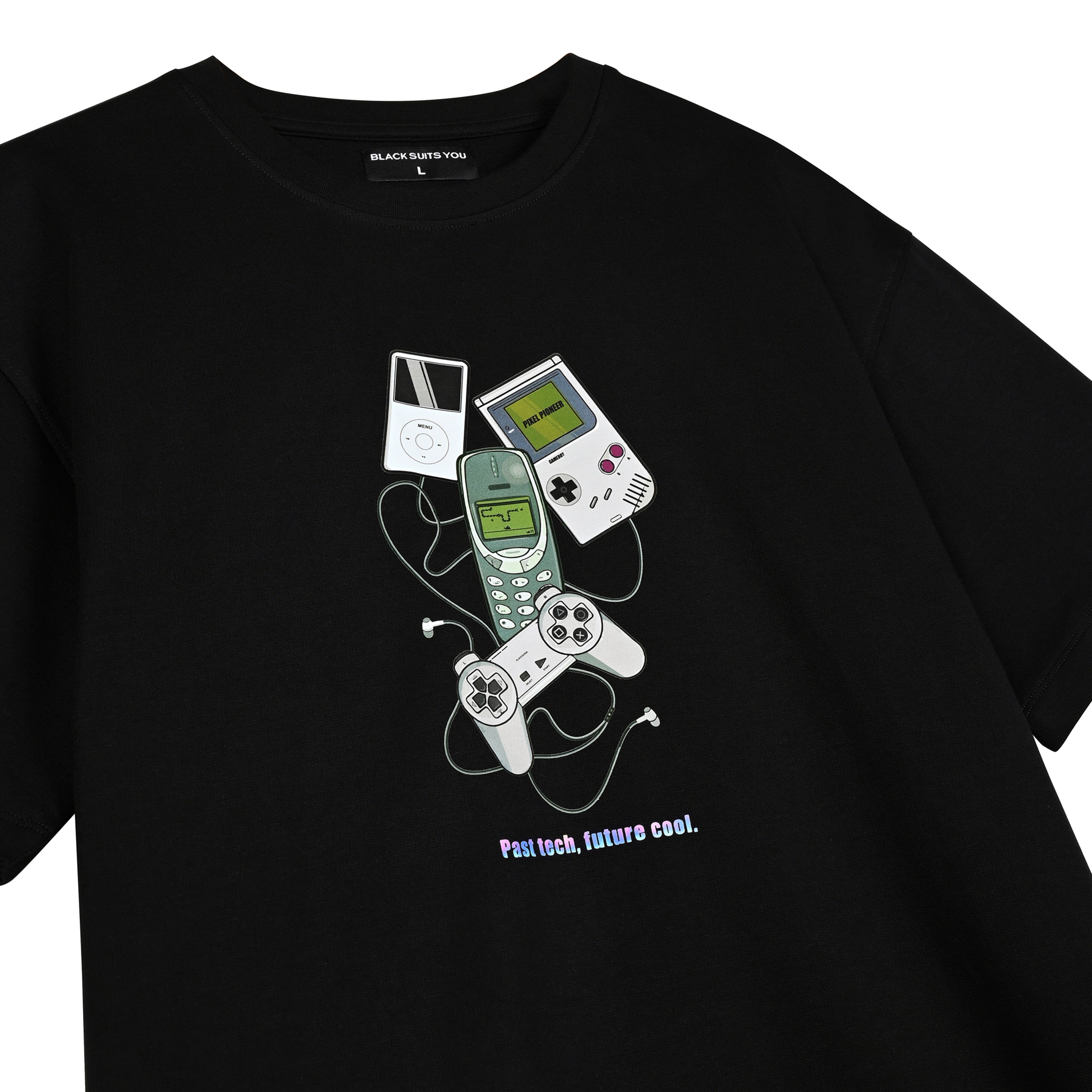 Black streetwear t-shirt with retro gaming devices and 'Past tech, future cool' text graphic