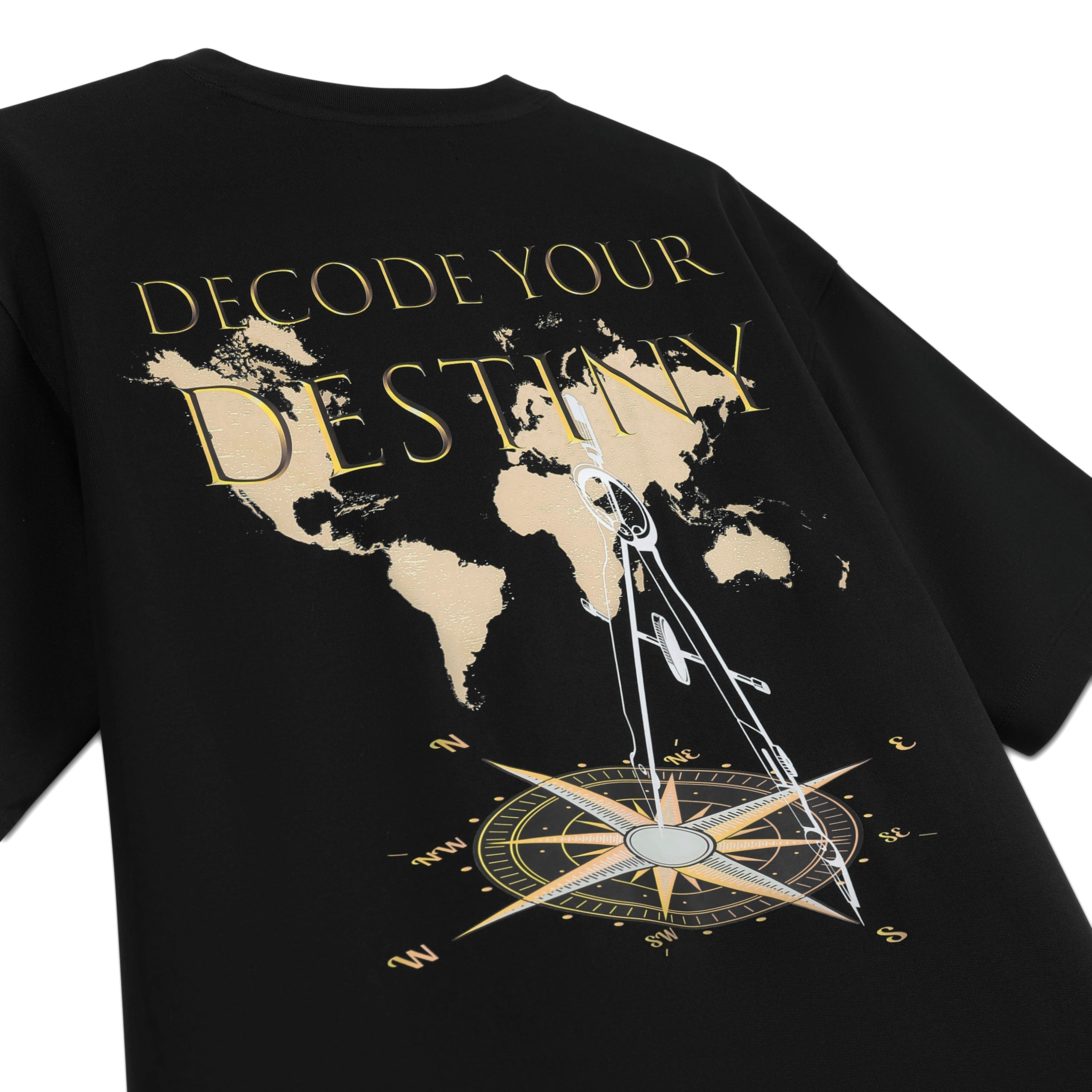 Black streetwear t-shirt with gold Decode Your Destiny text, world map, compass, and divider graphic