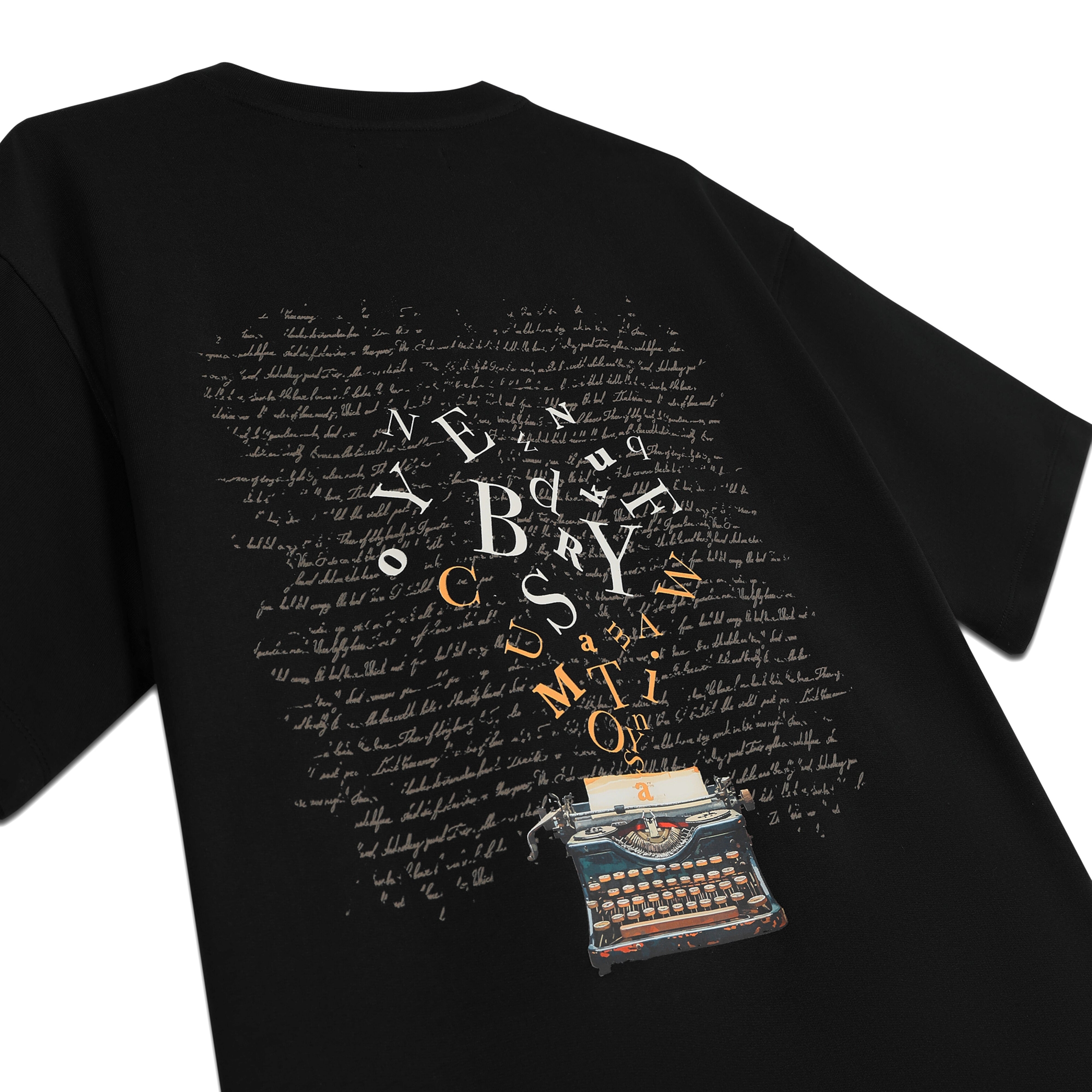 Black streetwear T-shirt with typewriter, script text, and scattered letters graphic on back