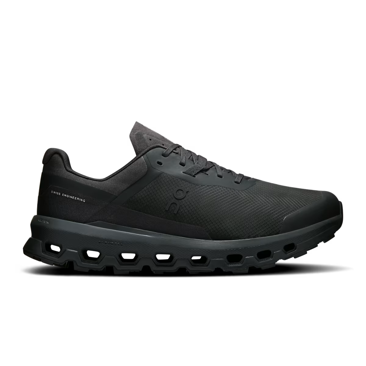 All black low-top sneaker with mesh upper, cushioned sole and modern streetwear design