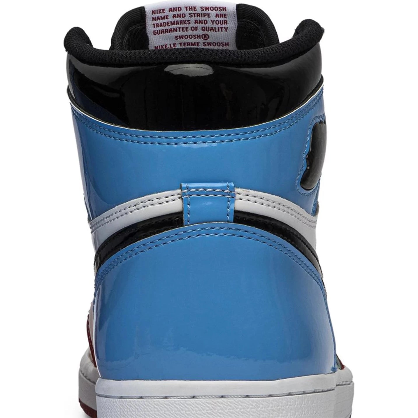 Back view of a high-top sneaker in blue patent leather with black and white accents, streetwear style