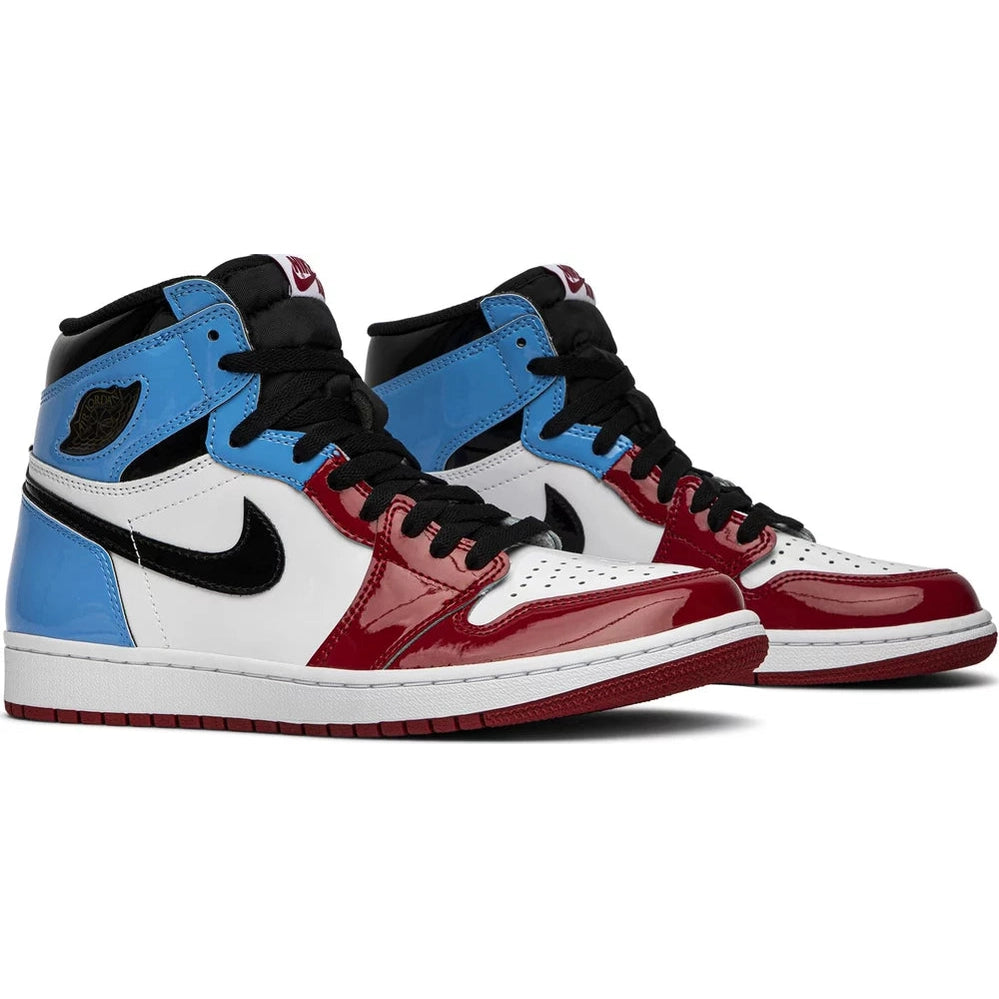 High-top sneakers with black laces, patent blue, red, and white panels, and black swoosh logo