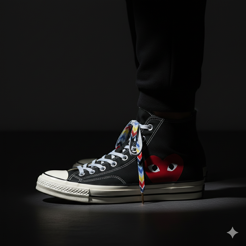 Black high-top sneaker with Gradient colorful design shoelaces on a dark background