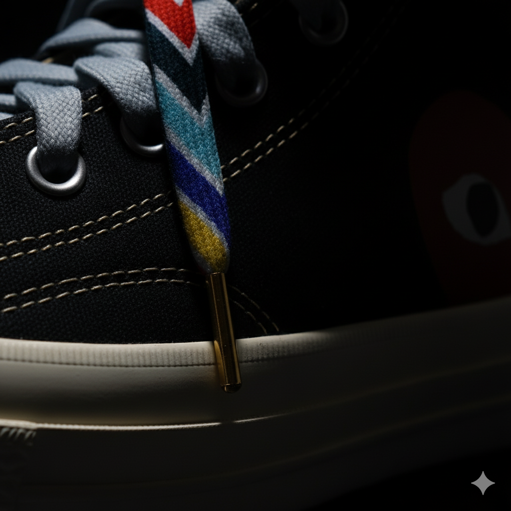 Close-up of a black sneaker with Gradient colorful laces on a dark background