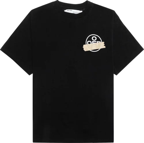 Black streetwear t-shirt with small white logo and beige graphic detail on chest