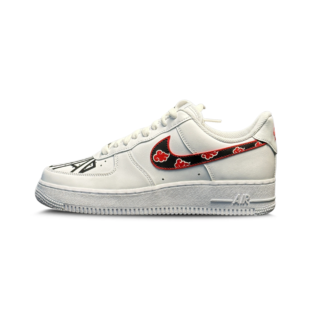 White streetwear sneaker with custom red and black swoosh and unique toe design, side view