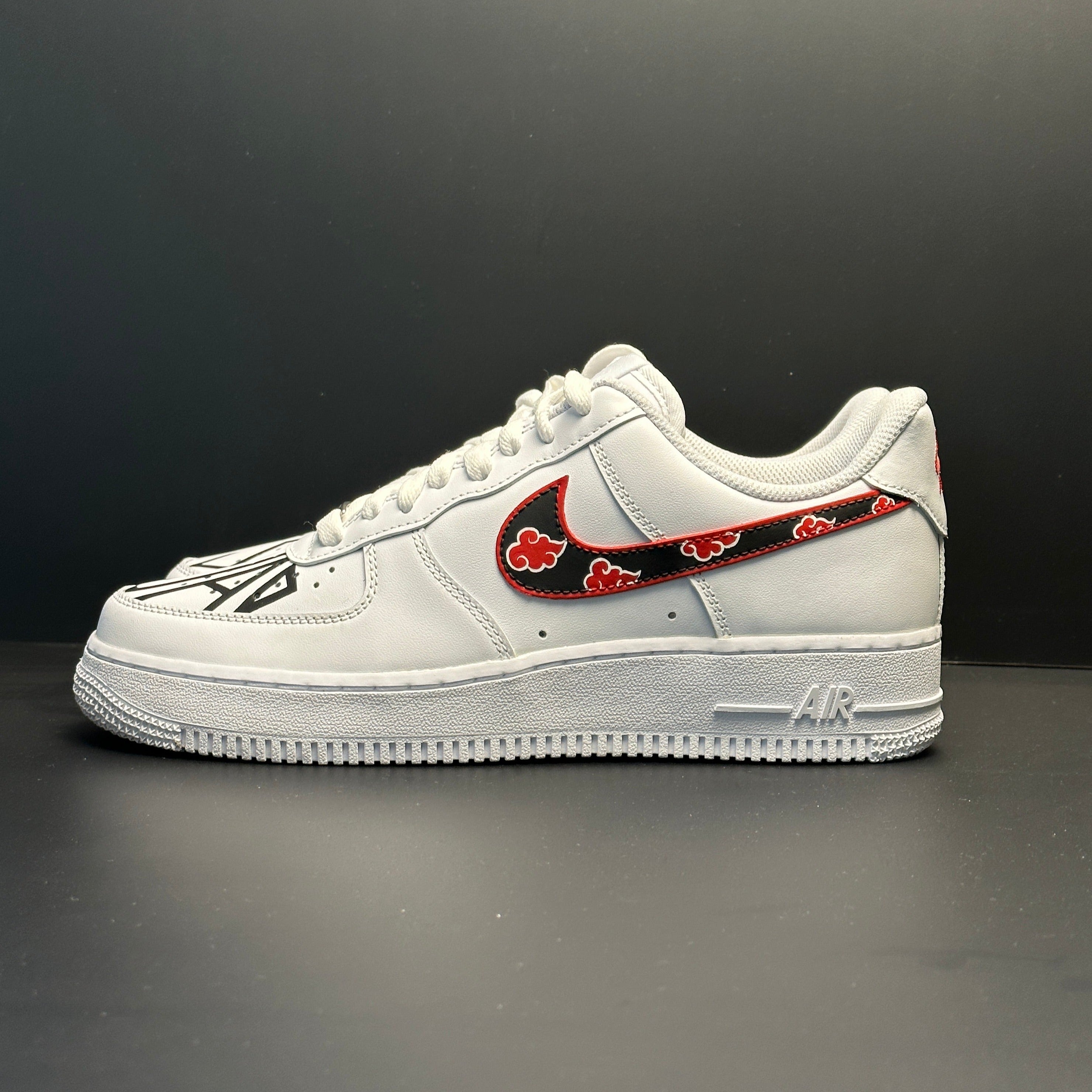 Custom white streetwear sneaker with black and red Akatsuki cloud Swoosh and graphic details