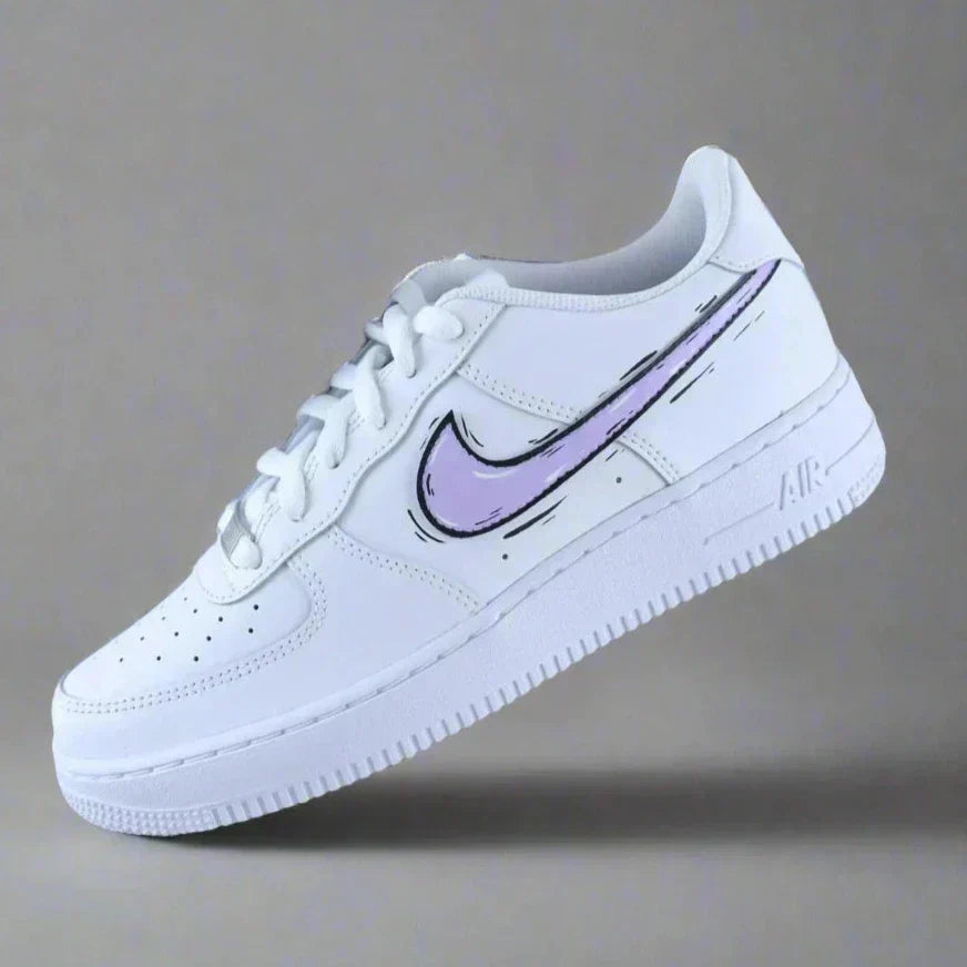 White streetwear sneaker with purple outlined swoosh logo and perforated toe, side view