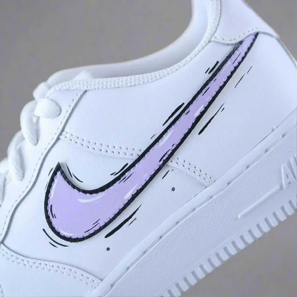 White streetwear sneaker with pastel purple cartoon Swoosh detail on side