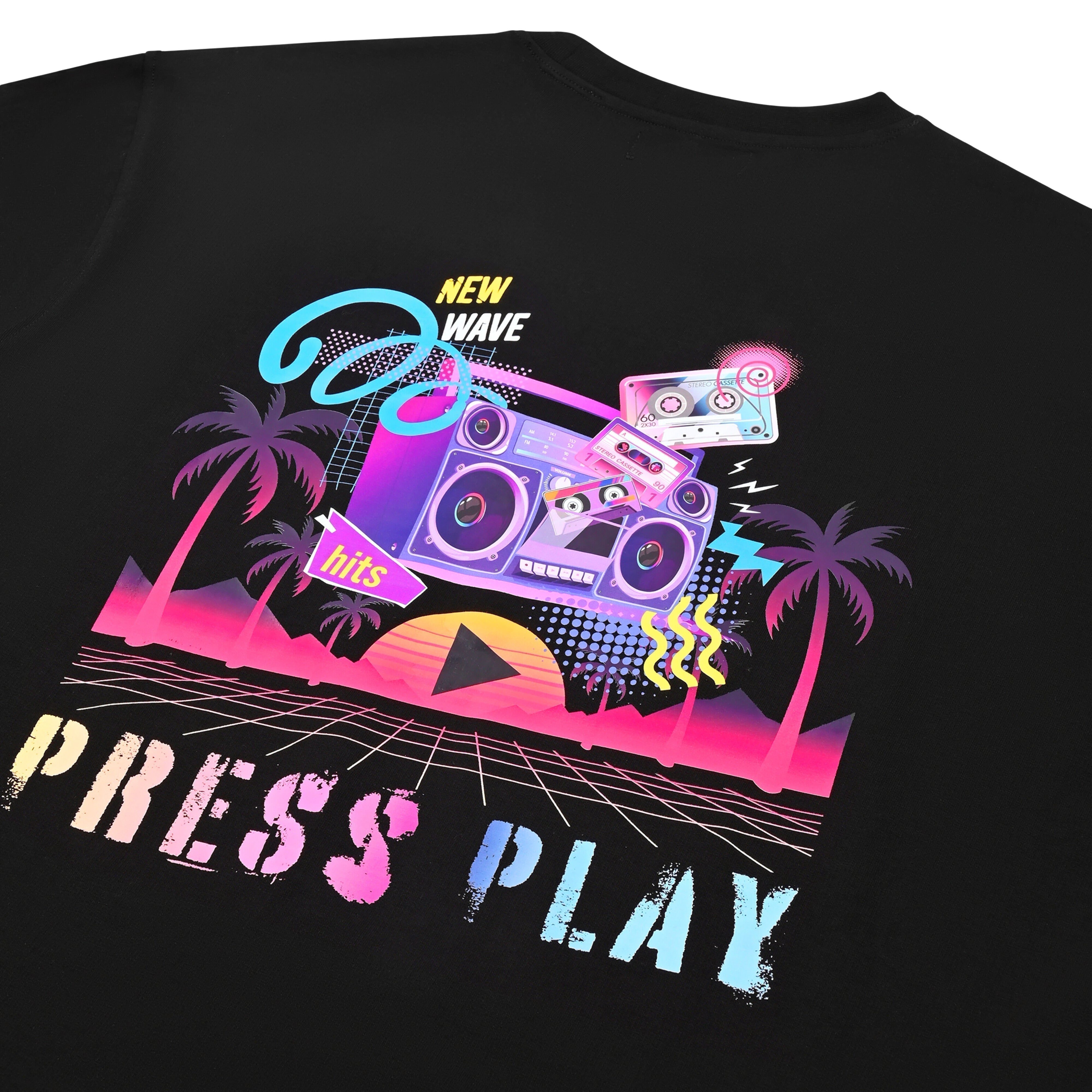 Black t-shirt with neon retro boombox, cassette tapes, palm trees, and 'Press Play' text.
