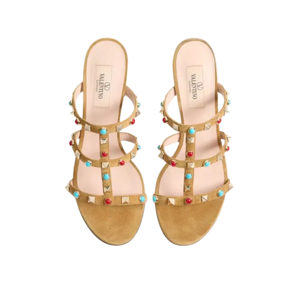 Valentino Rockstud Slide Sandal In Suede With Cabochon Stones 60mm Havana Beige
