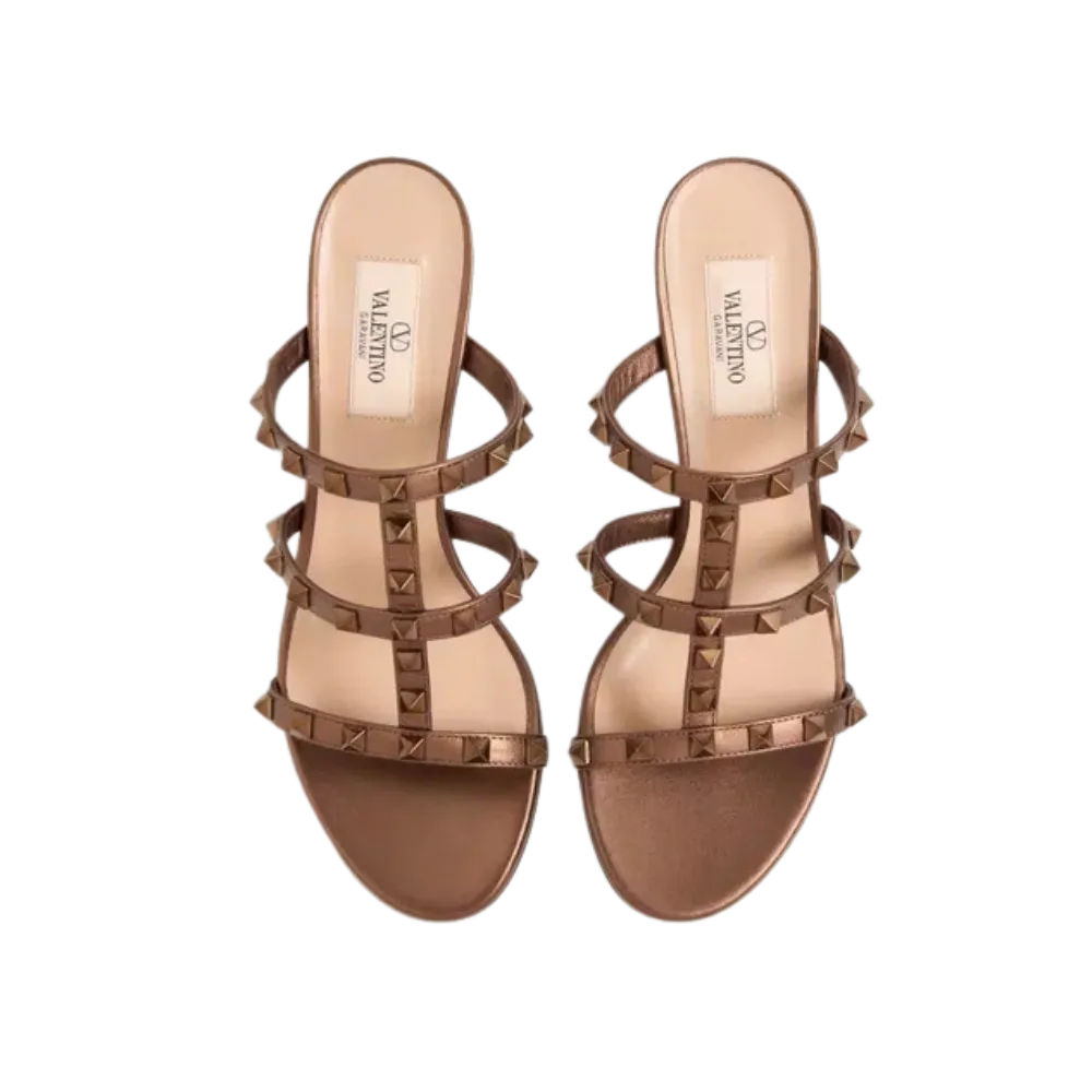 Valentino Rockstud Metallic Calfskin Leather Slide Sandal 60mm Bronze