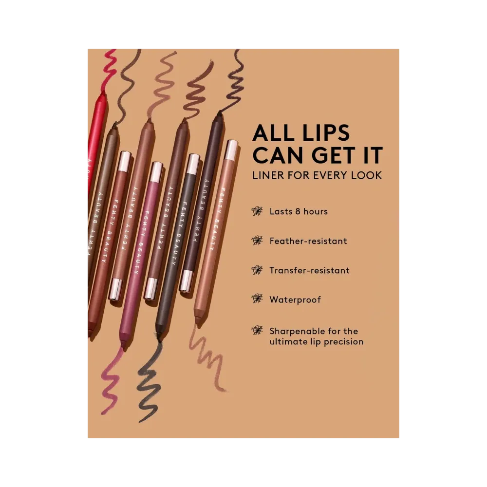 Fenty Trace'd Out Longwear Waterproof Pencil Lip Liner Extra Thigh RiRi The MVP Coal Blooded I Woodn't Brown'd Out Pnut Butta Rubbabandz Satin Panty