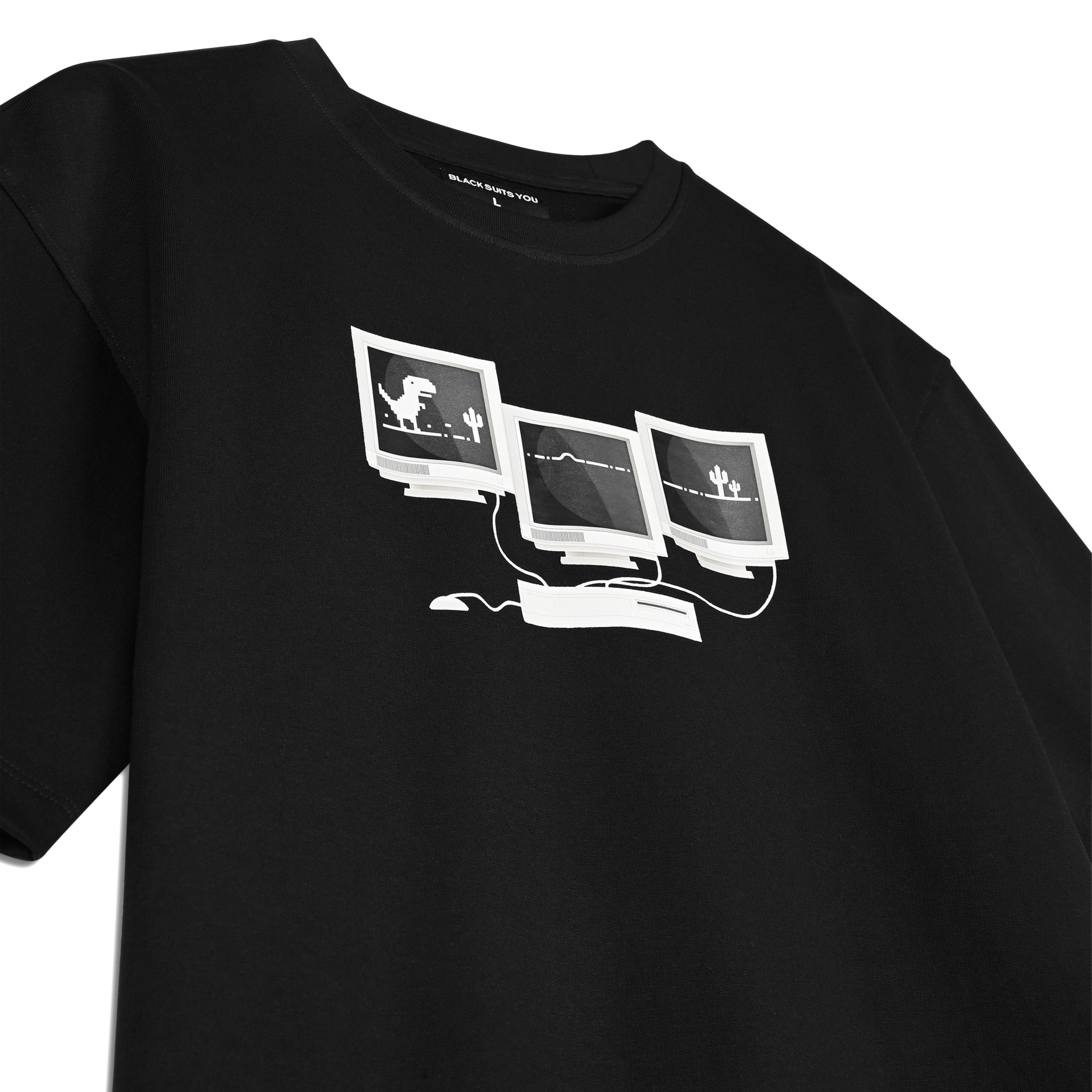 Black streetwear T-shirt with retro computer monitors and pixel dinosaur graphic