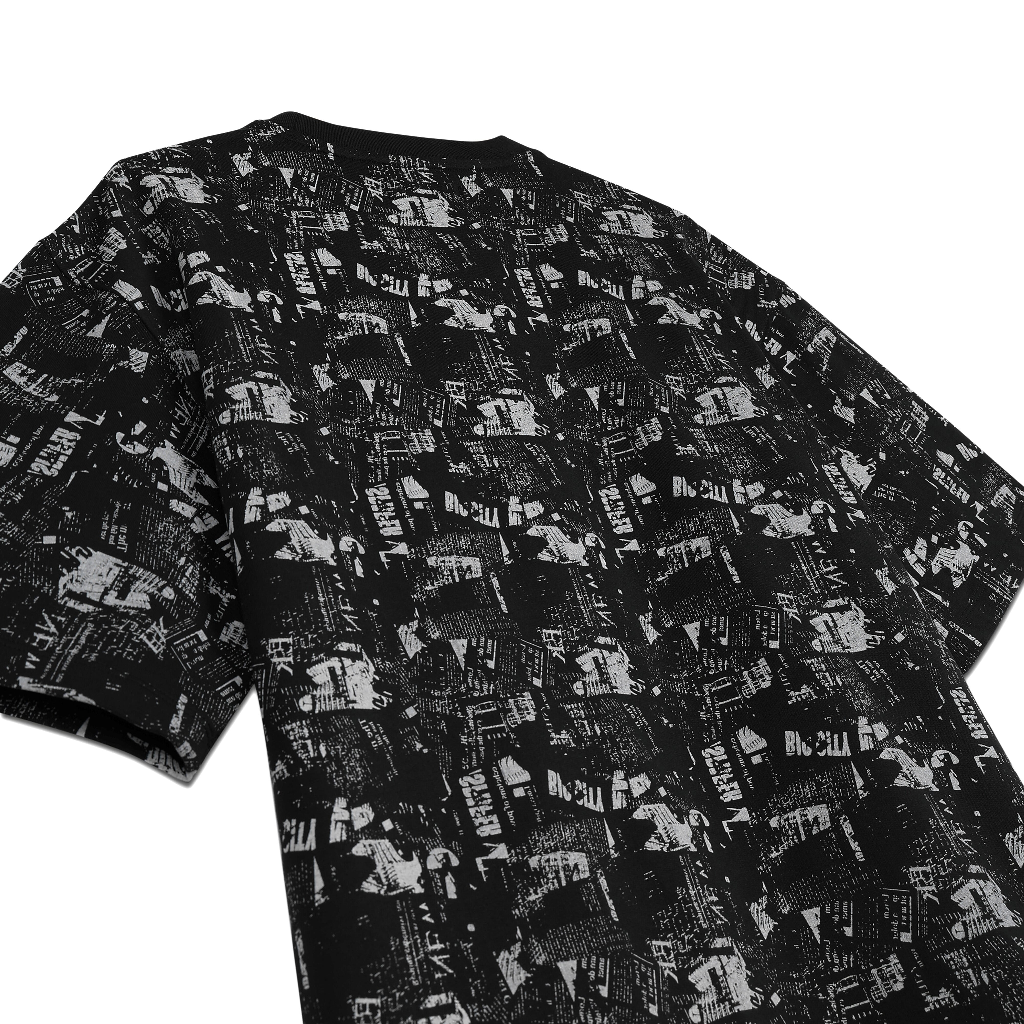 Black streetwear t-shirt with white graphic print and bold urban pattern