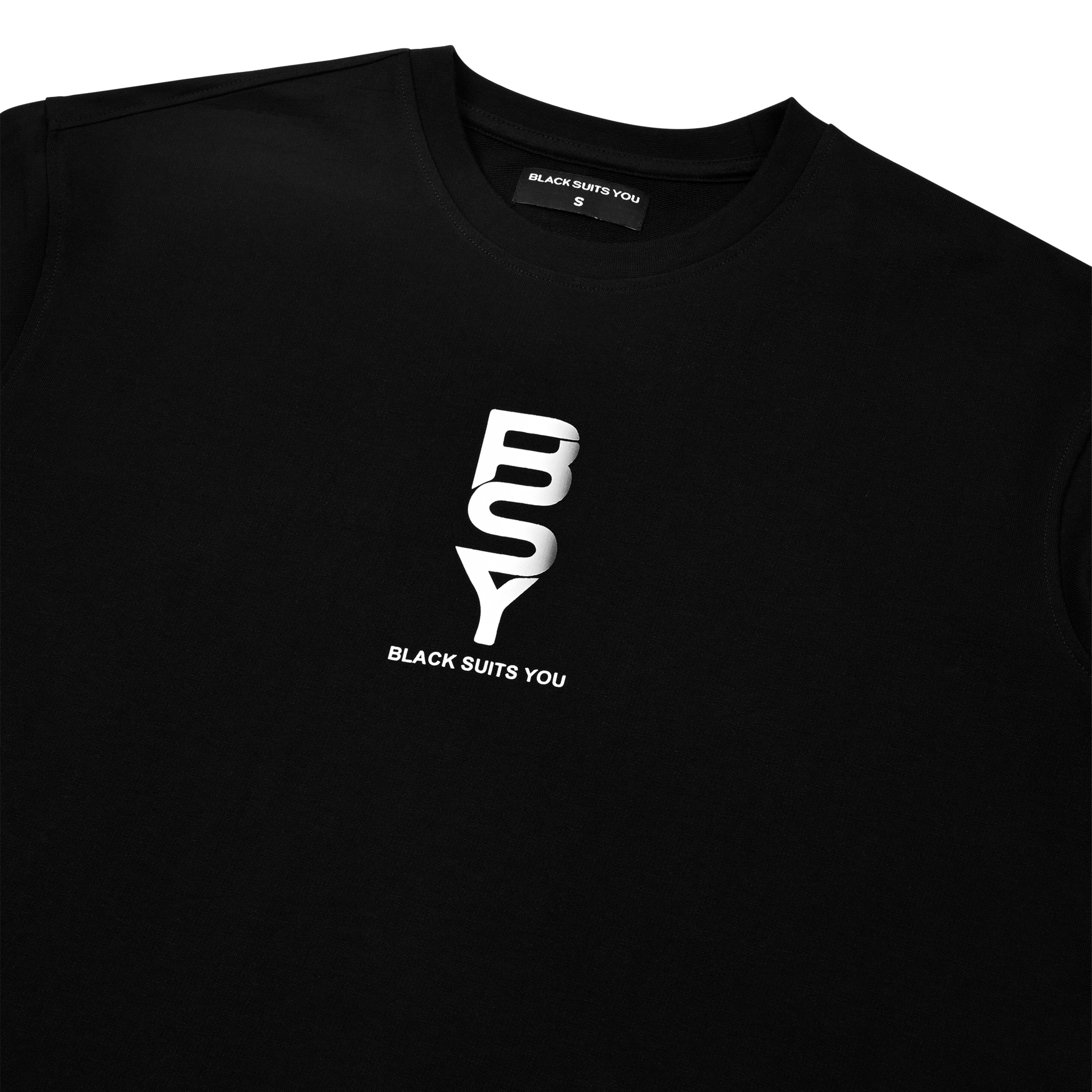 Black streetwear t-shirt with BSY Black Suits You logo in white on chest